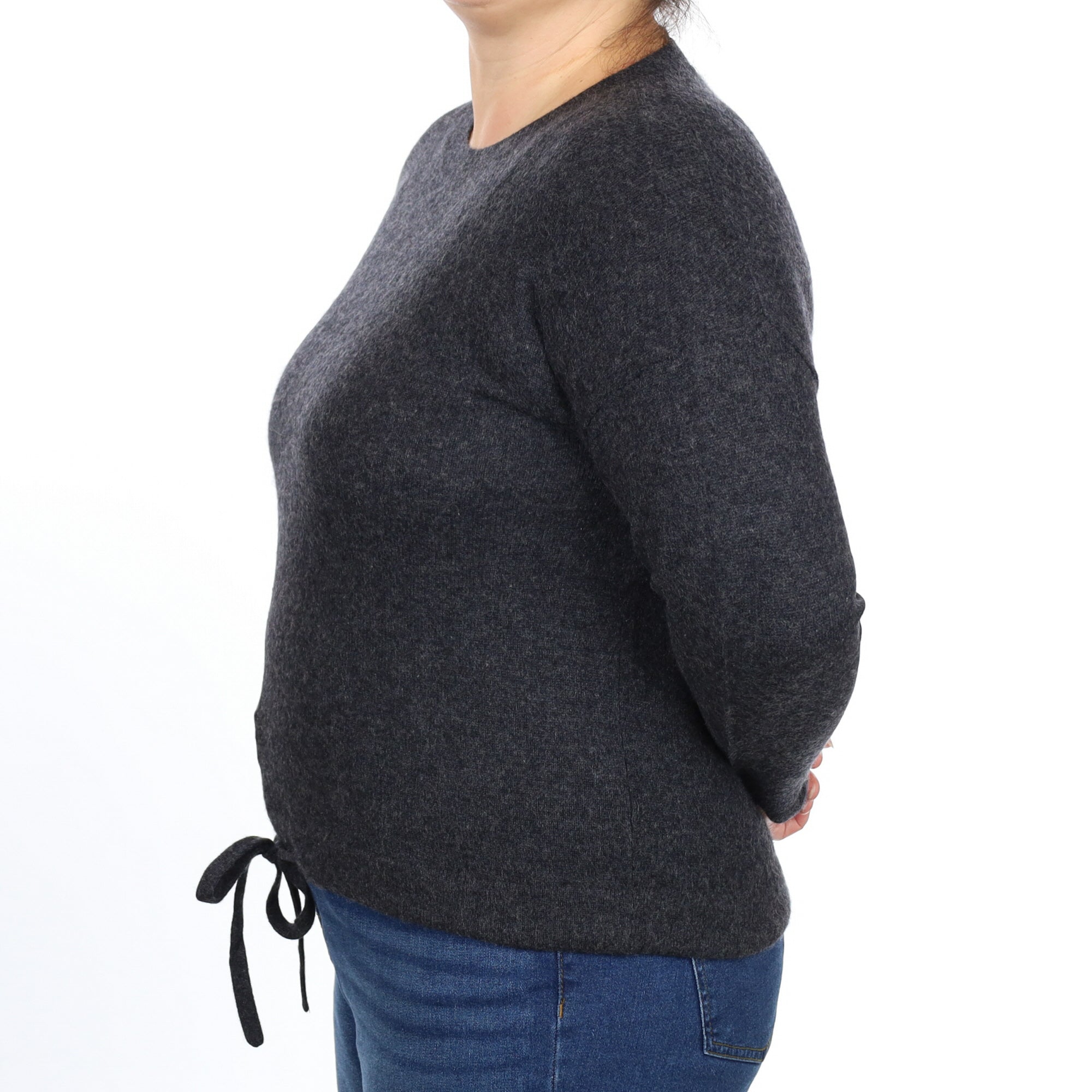Charcoal Grey Drawstring Hem Cashmere Crew Neck Jumper Large