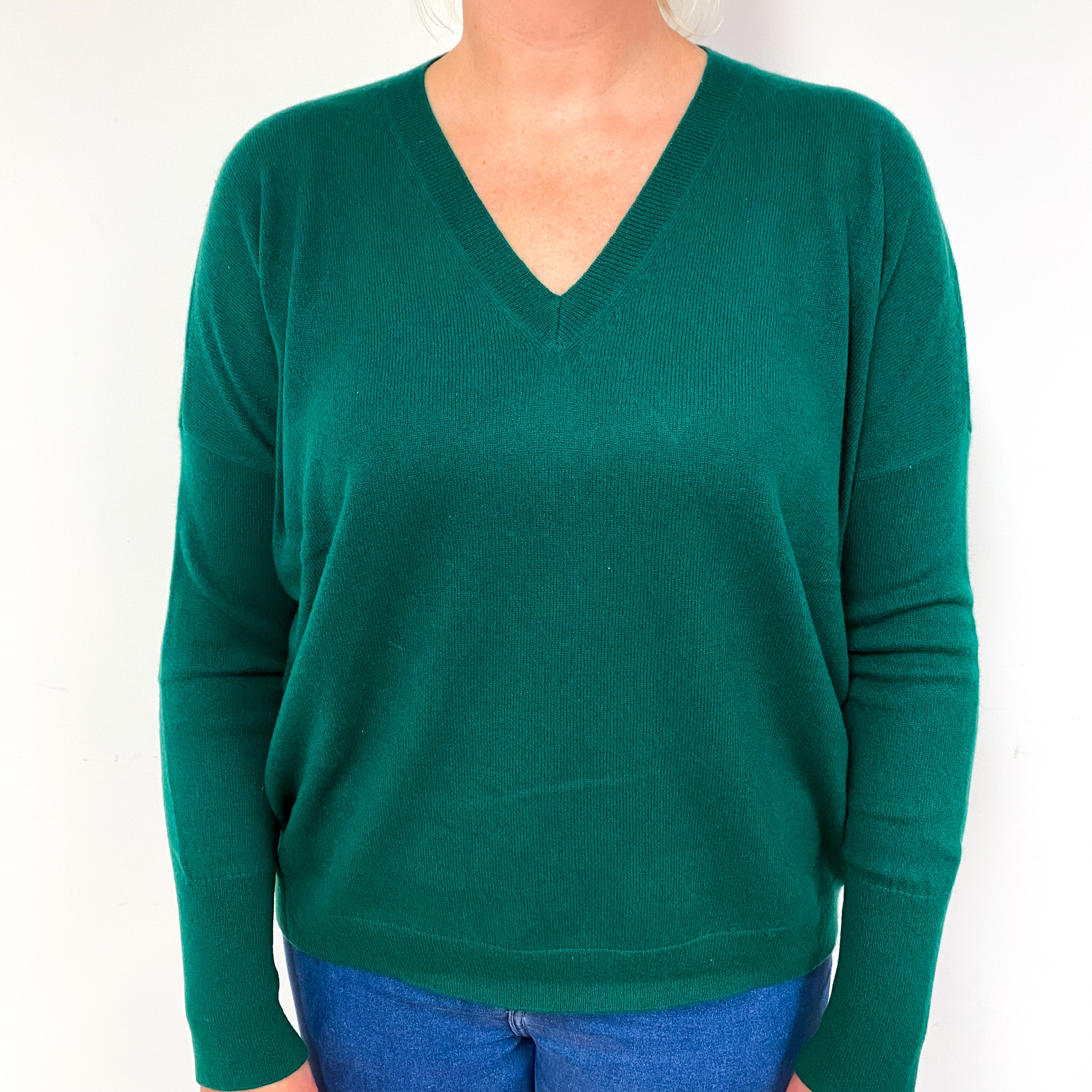 Shamrock Green Slouchy Cashmere V-Neck Jumper Large