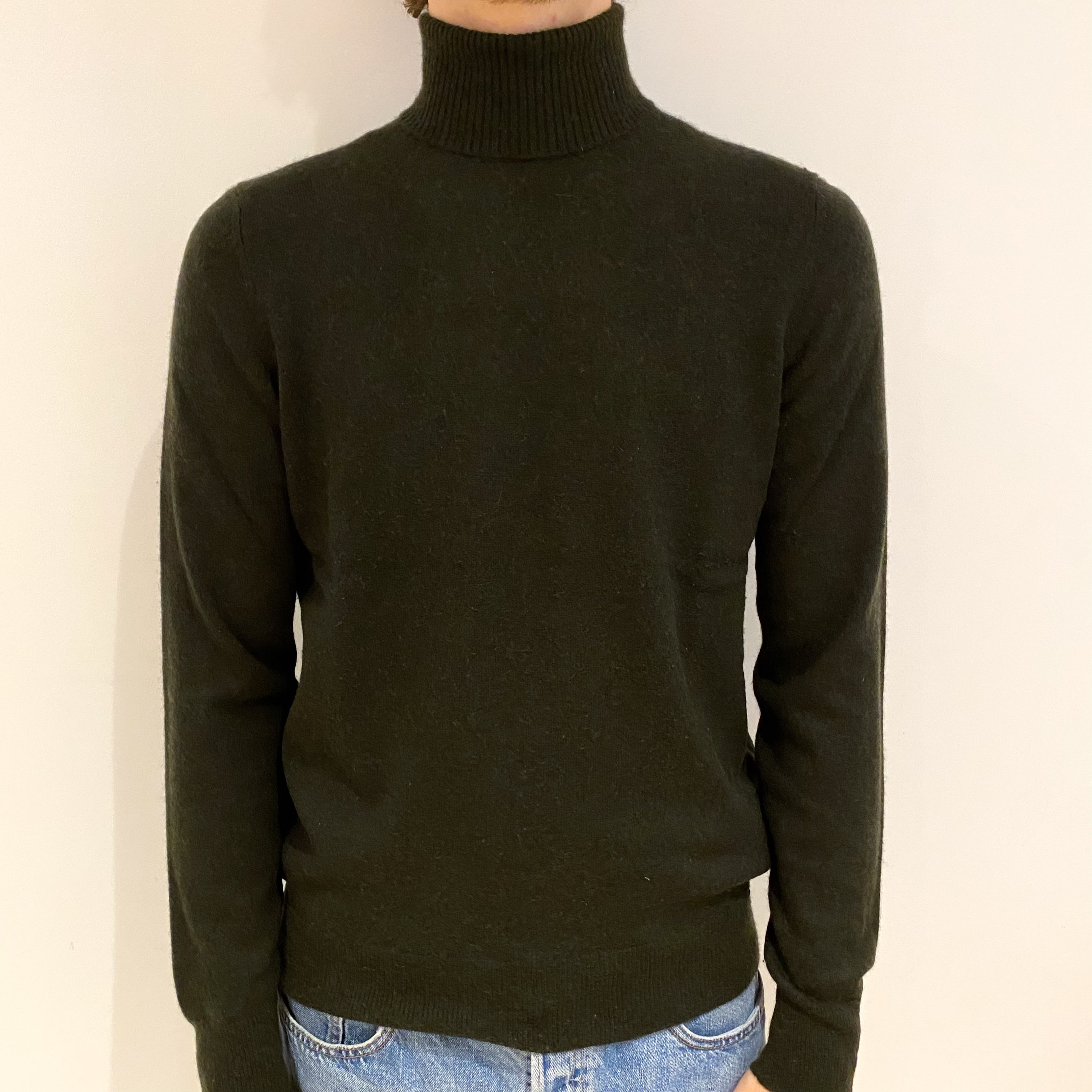 Men's Army Green Cashmere Polo Neck Jumper Medium