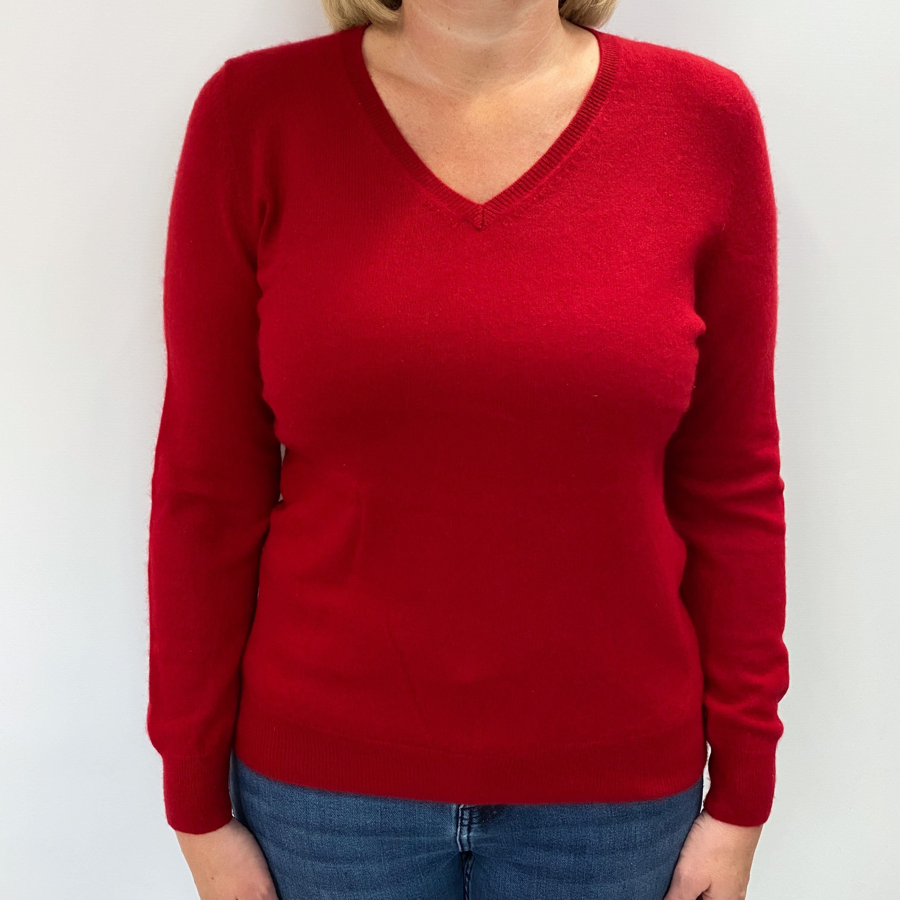 Scarlet Red Cashmere V Neck Jumper Large