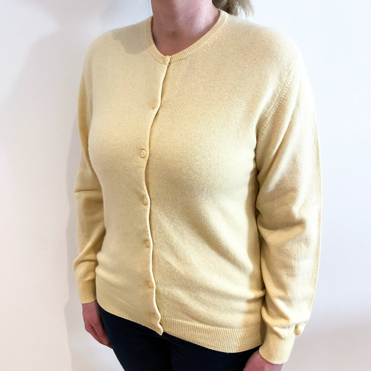 Pale Lemon Cashmere Crew Neck Cardigan Large