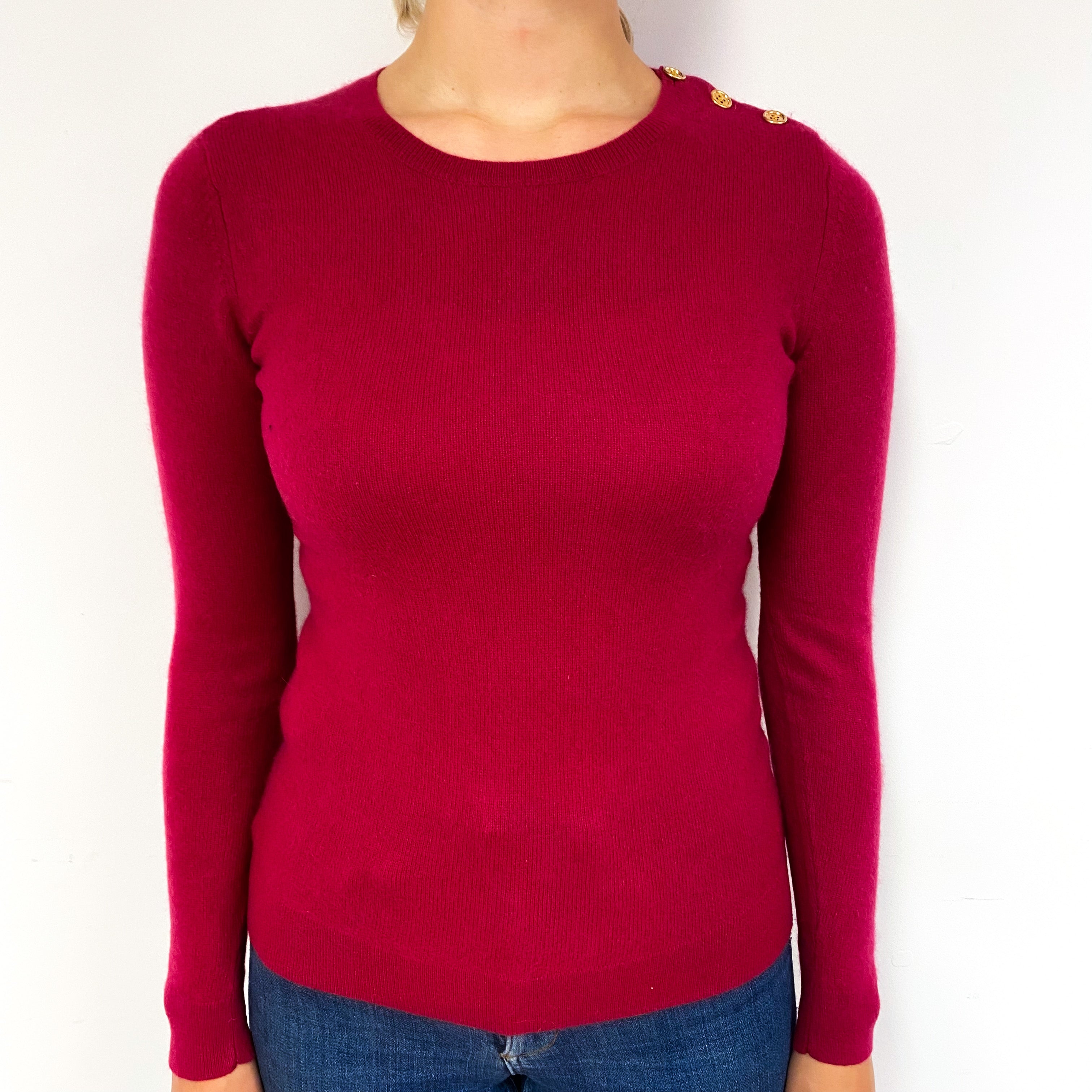 Cherry Pink Cashmere Buttoned Crew Neck Jumper Small