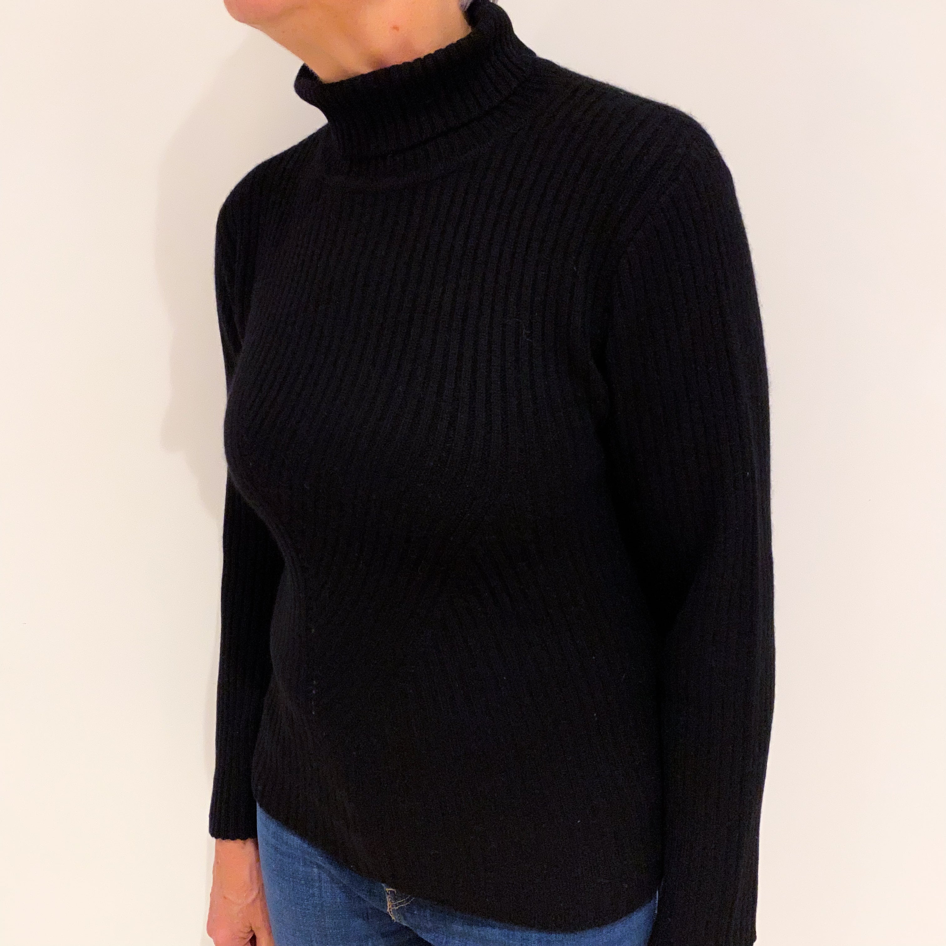 Black Chunky Rib Cashmere Funnel Neck Jumper Medium