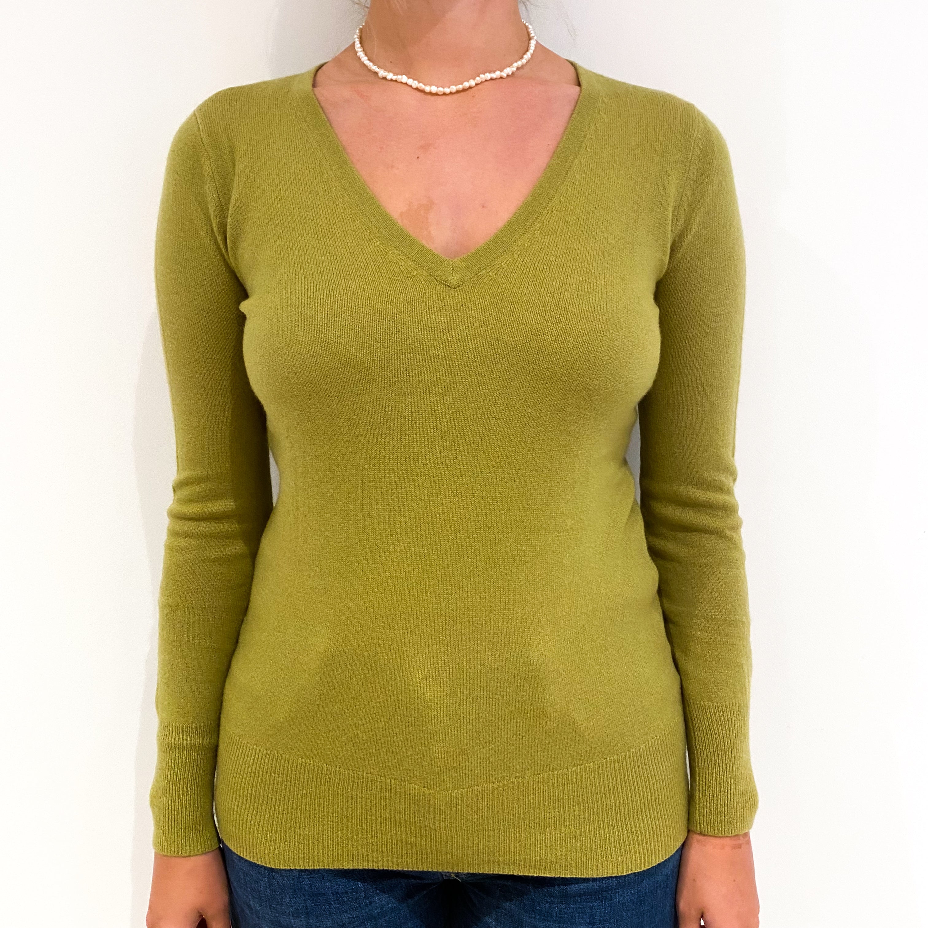 Kiwi Green Cashmere V-Neck Jumper Small