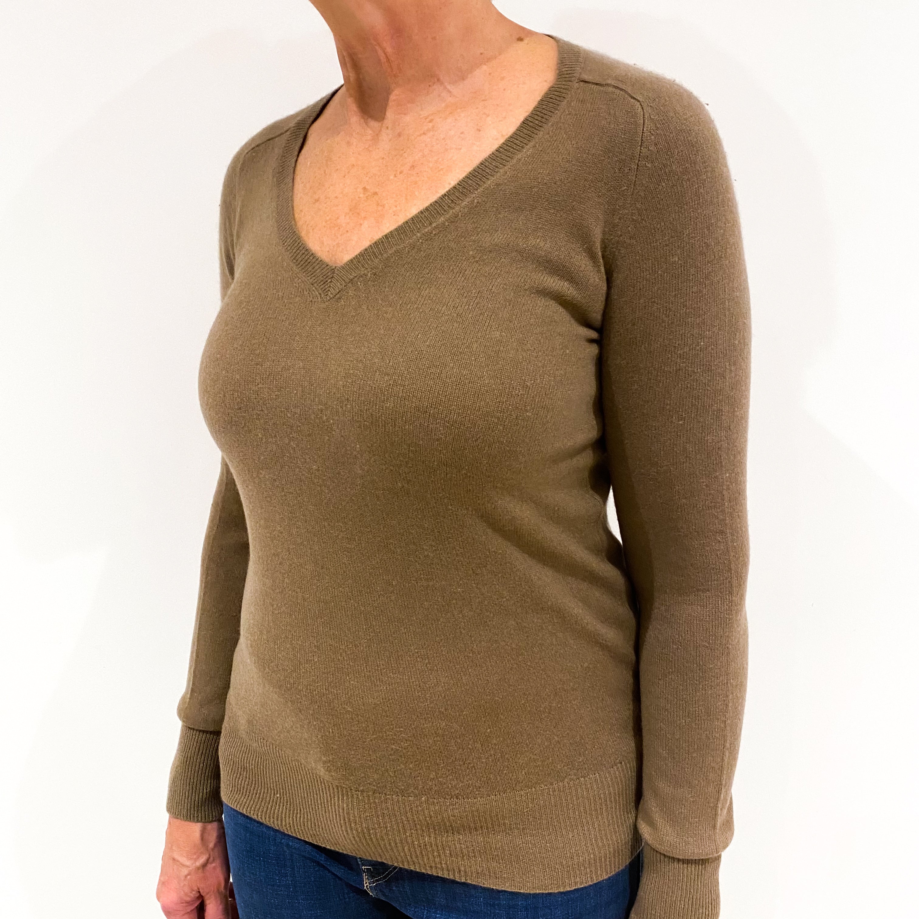 Caramel Brown Cashmere V-Neck Jumper Medium