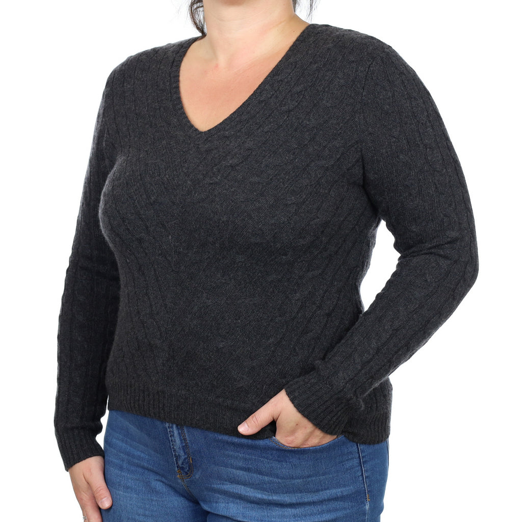 Ralph Lauren Charcoal Cable Cashmere V Neck Jumper Large