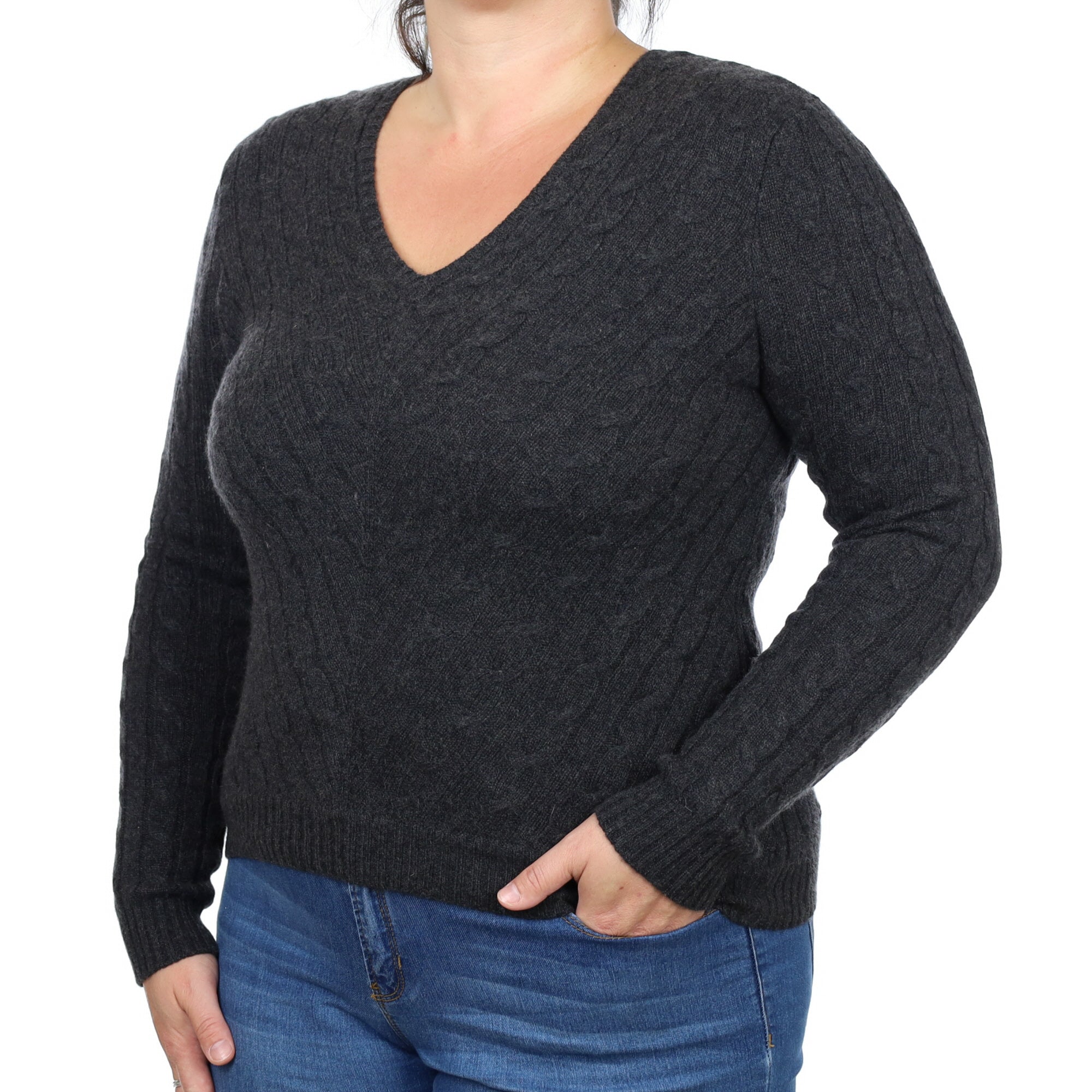 Ralph Lauren Charcoal Cable Cashmere V Neck Jumper Large
