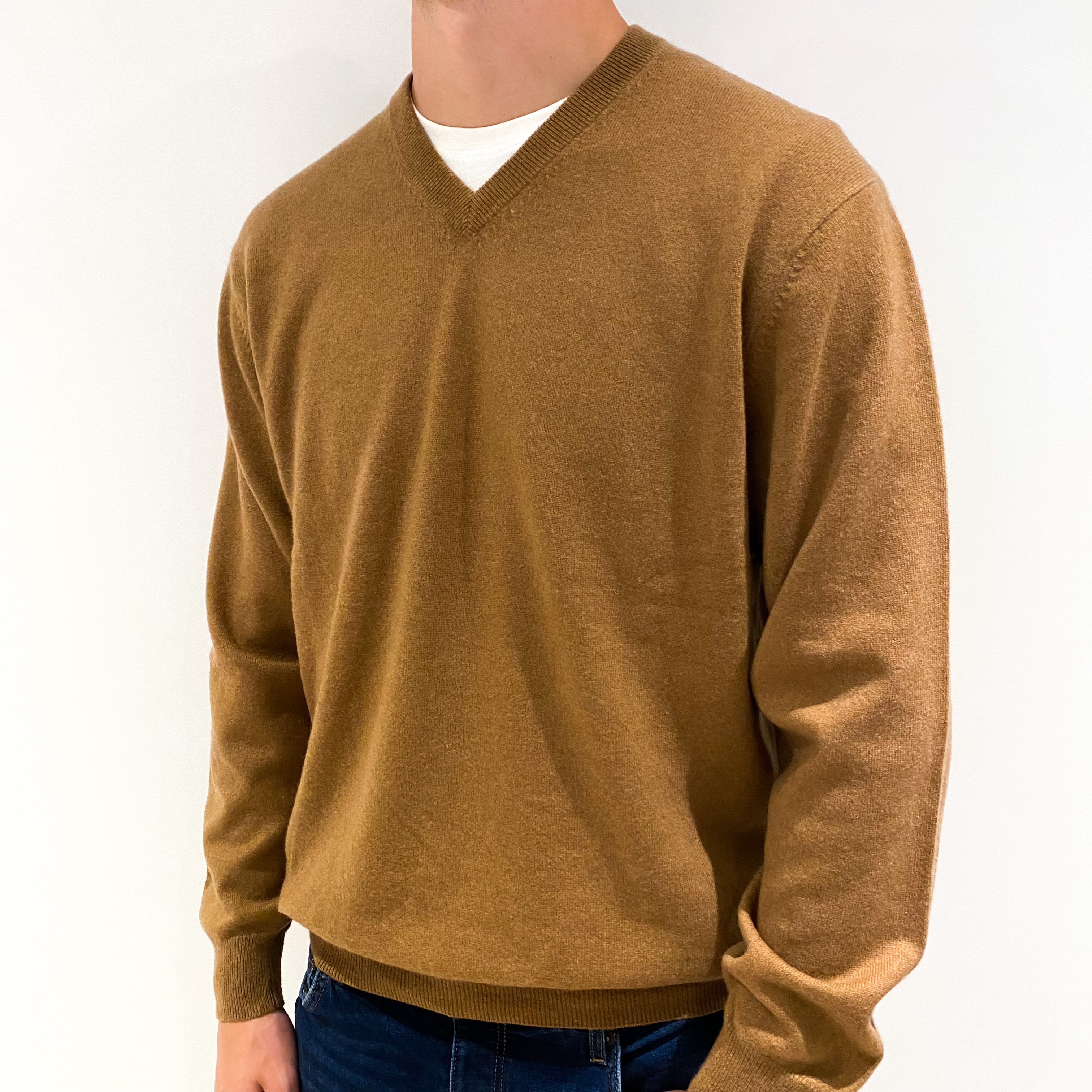 Men's Chestnut Brown Cashmere V-Neck Jumper Extra Large