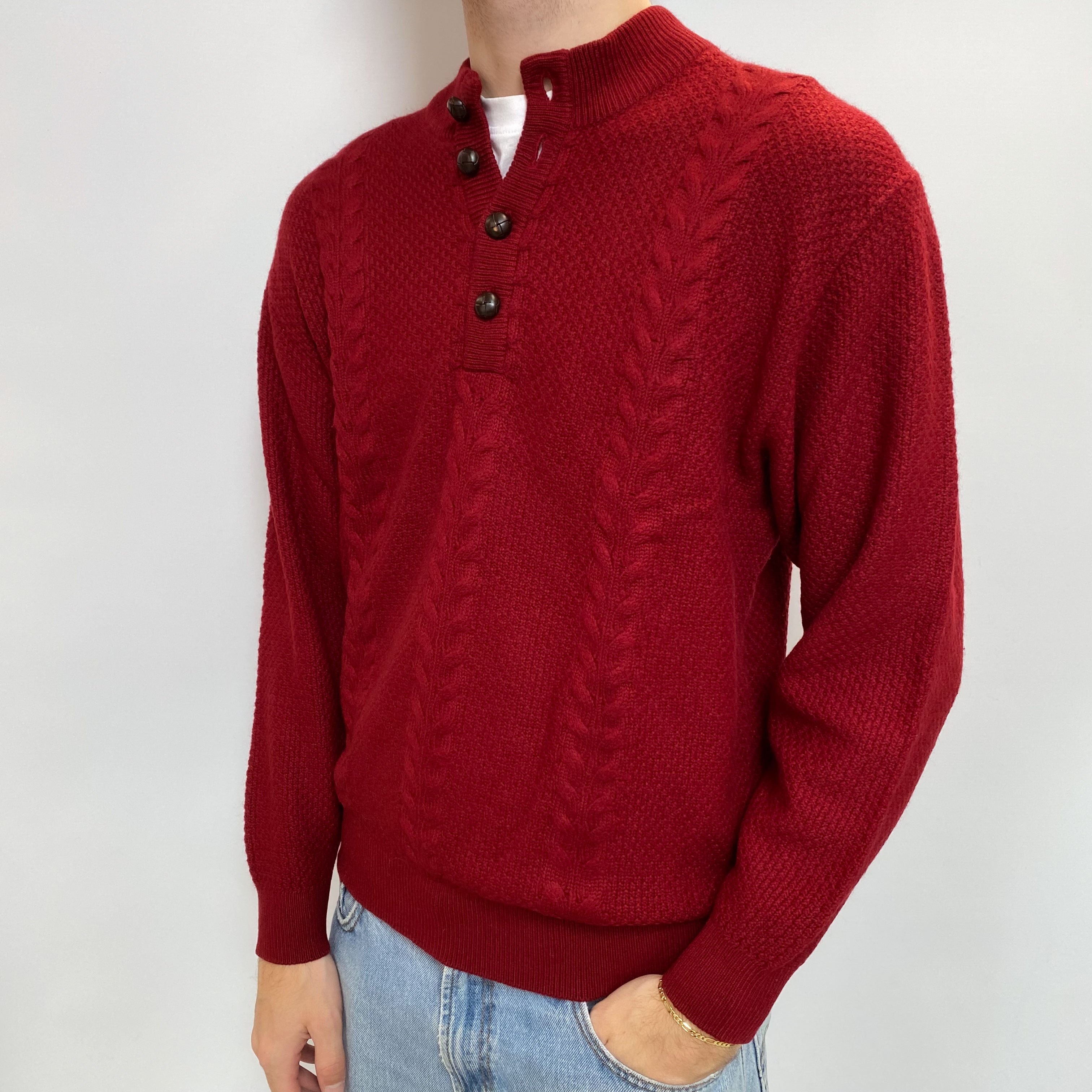 Men's Brick Red Cashmere 1/4 Buttoned Turtle Neck Jumper Large