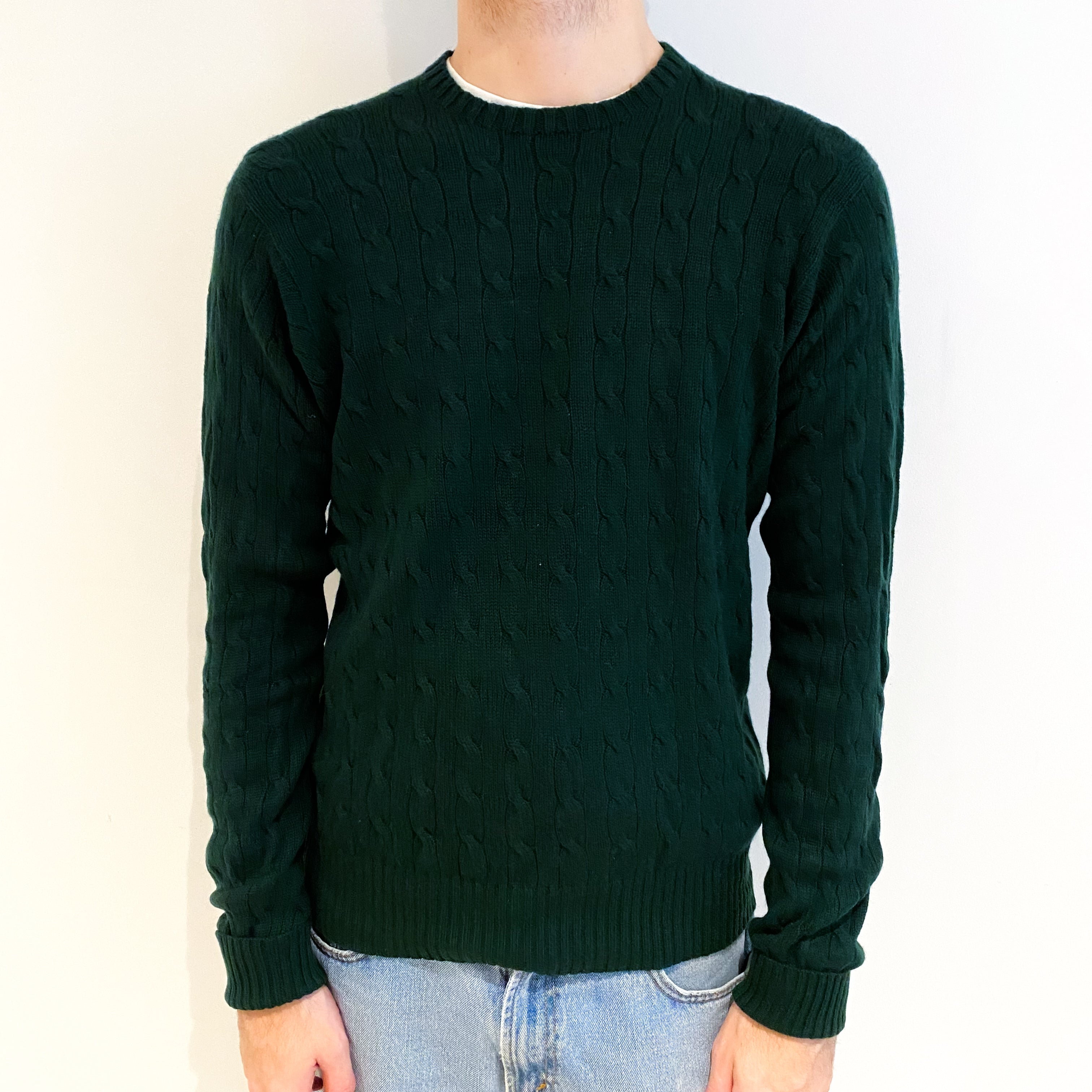 Men's Ralph Lauren Racing Green Cashmere Crew Neck Cable Knit Jumper Large