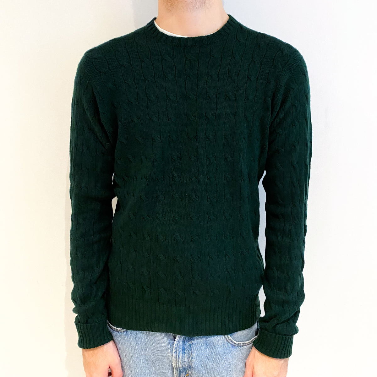 Men's Ralph Lauren Racing Green Cashmere Crew Neck Cable Knit Jumper Large