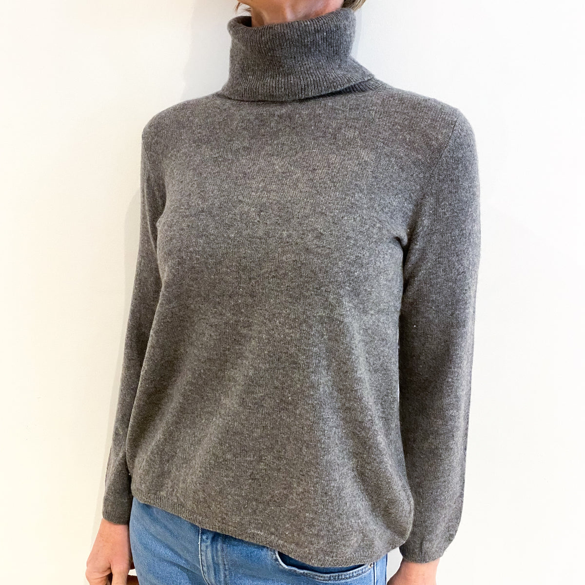 Ash Grey Cashmere Polo Neck Jumper Small