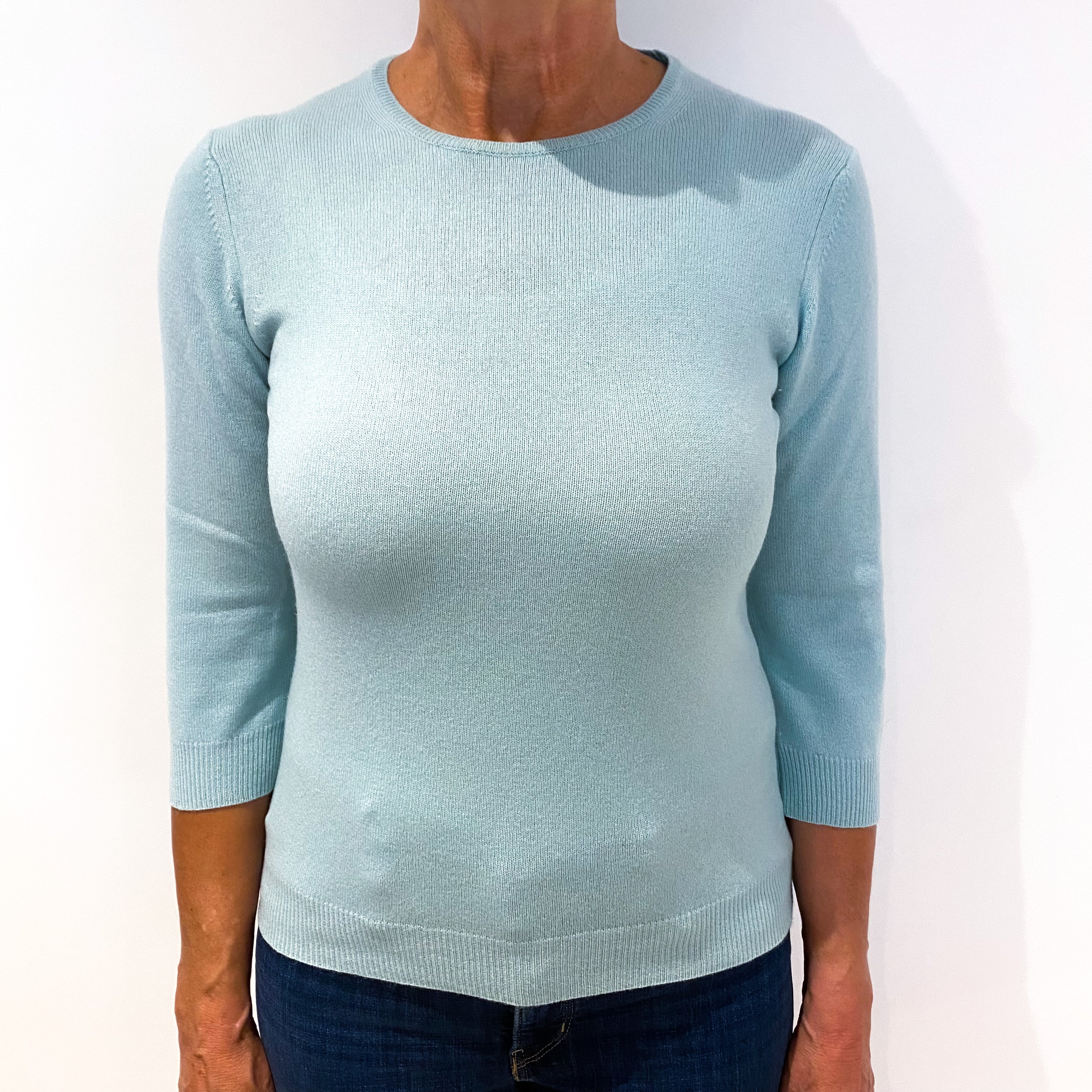 Mint Blue 3/4 Sleeve Cashmere Crew Neck Jumper Medium
