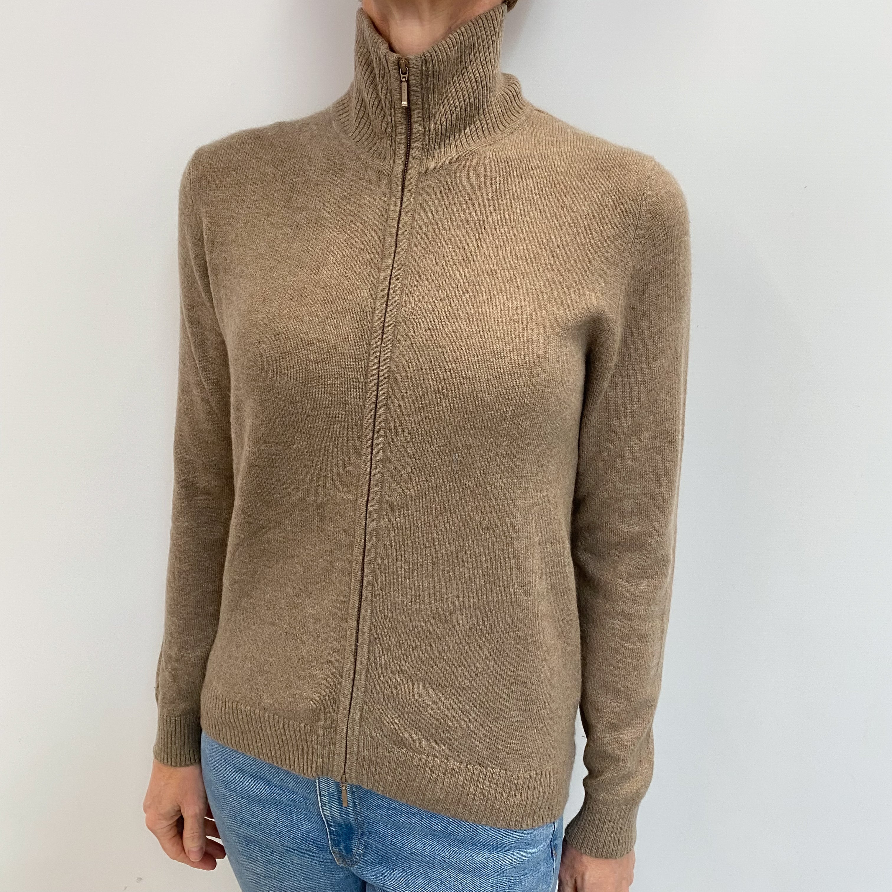 Taupe Brown Cashmere Zip Up Turtle Neck Cardigan Small