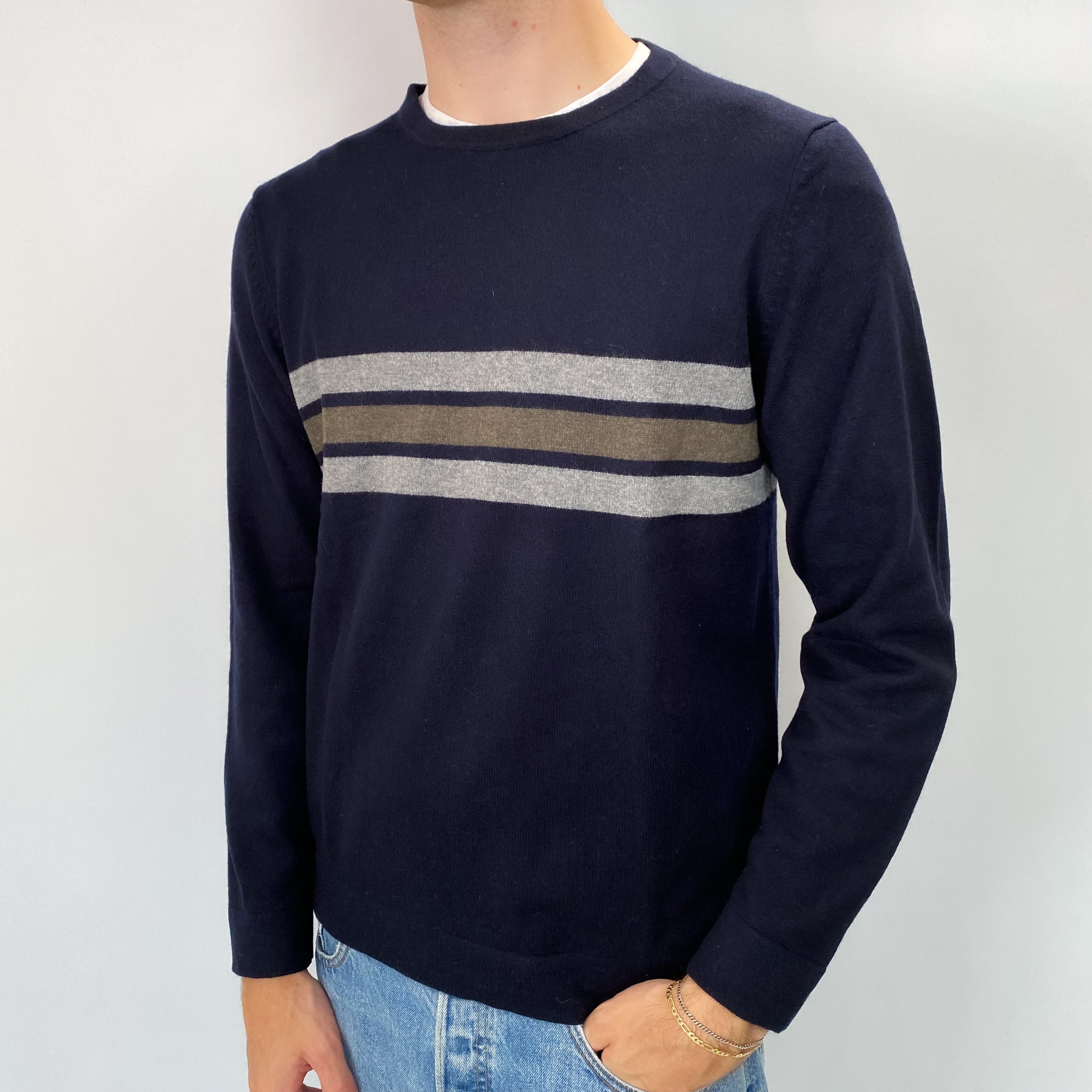 Men's Navy Stripe Cashmere Crew Neck Jumper Medium