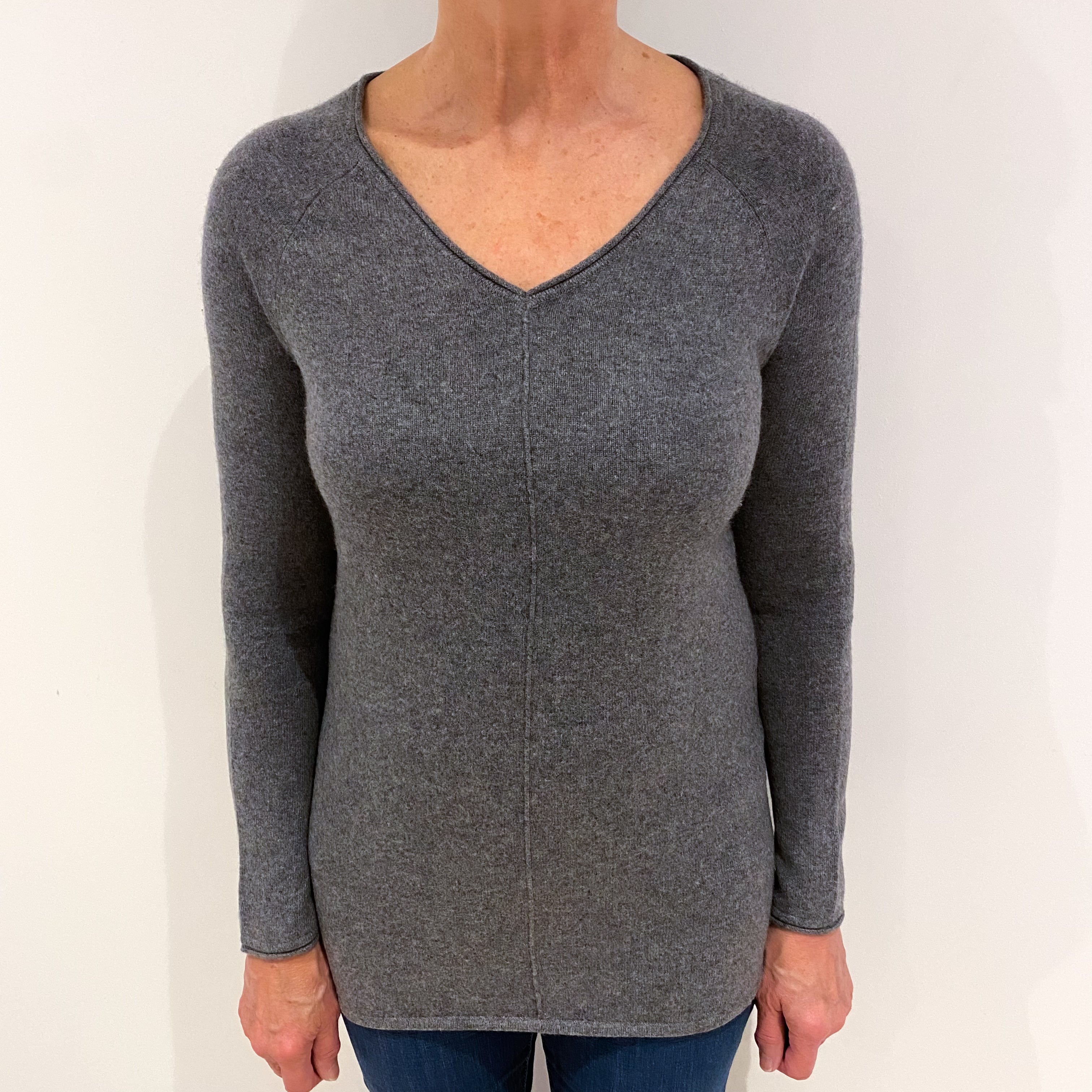 Ash Grey Cashmere V Neck Jumper Medium