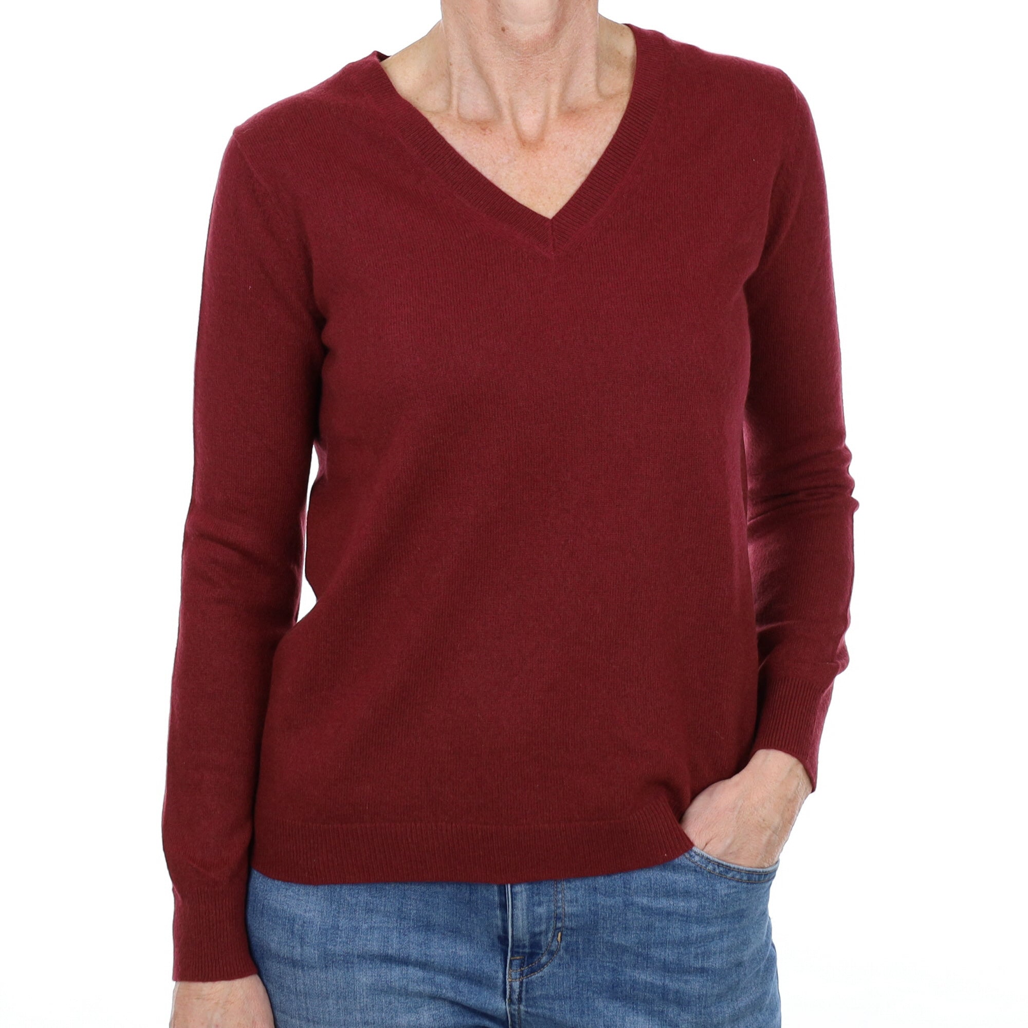 Burgundy Red Cashmere V Neck Jumper Small