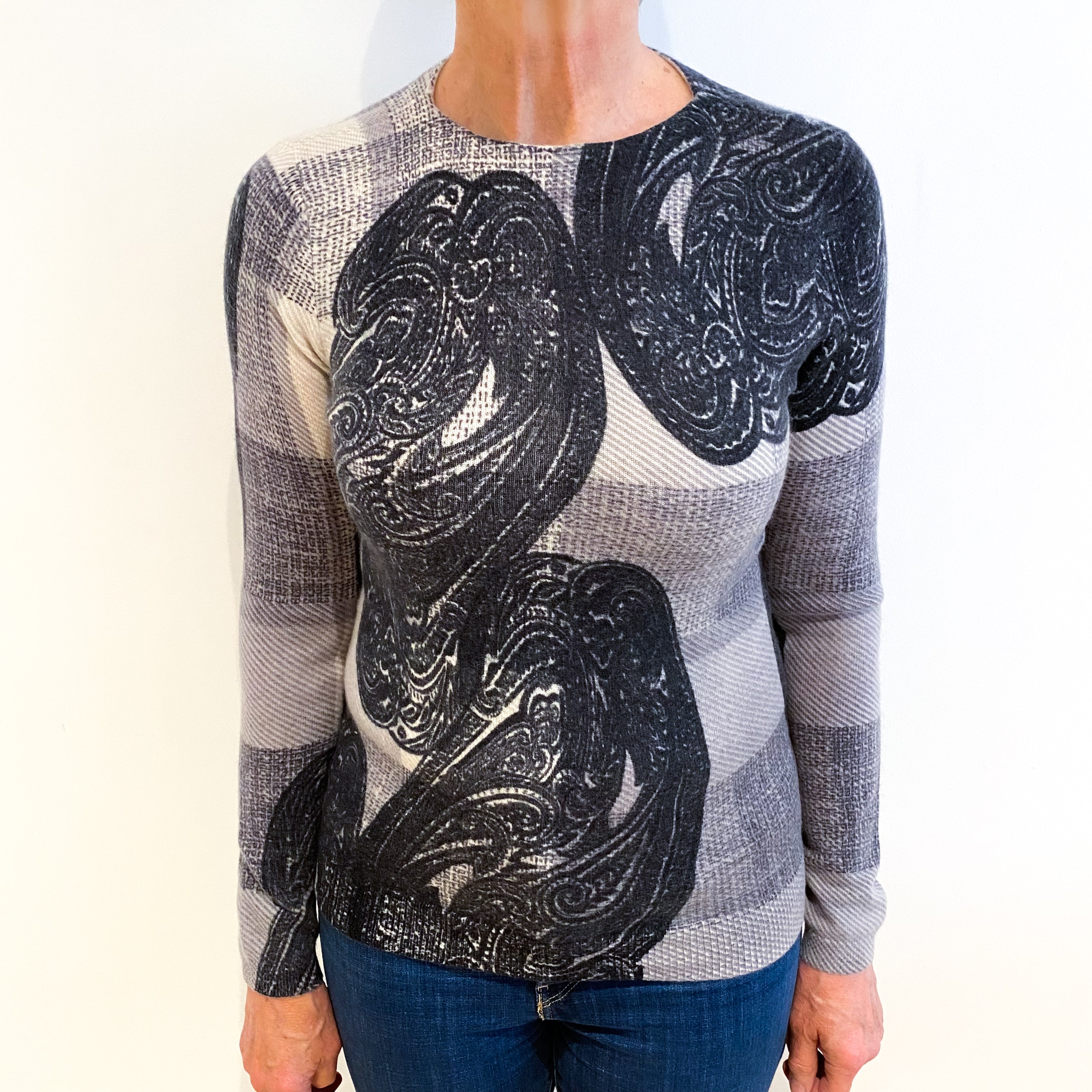 Grey Paisley Cashmere Crew Neck Jumper Medium