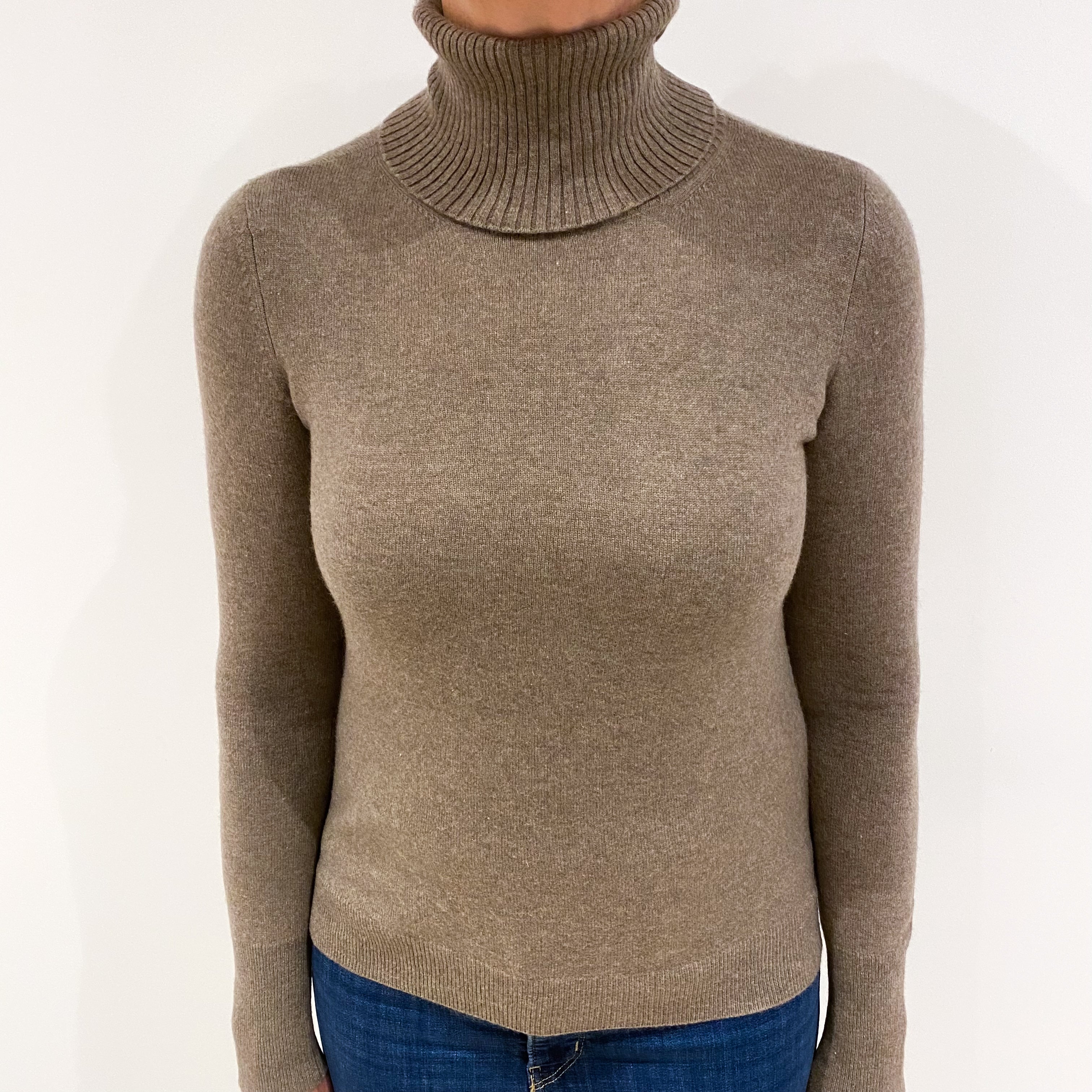 Mocha Brown Cashmere Polo Neck Jumper Medium