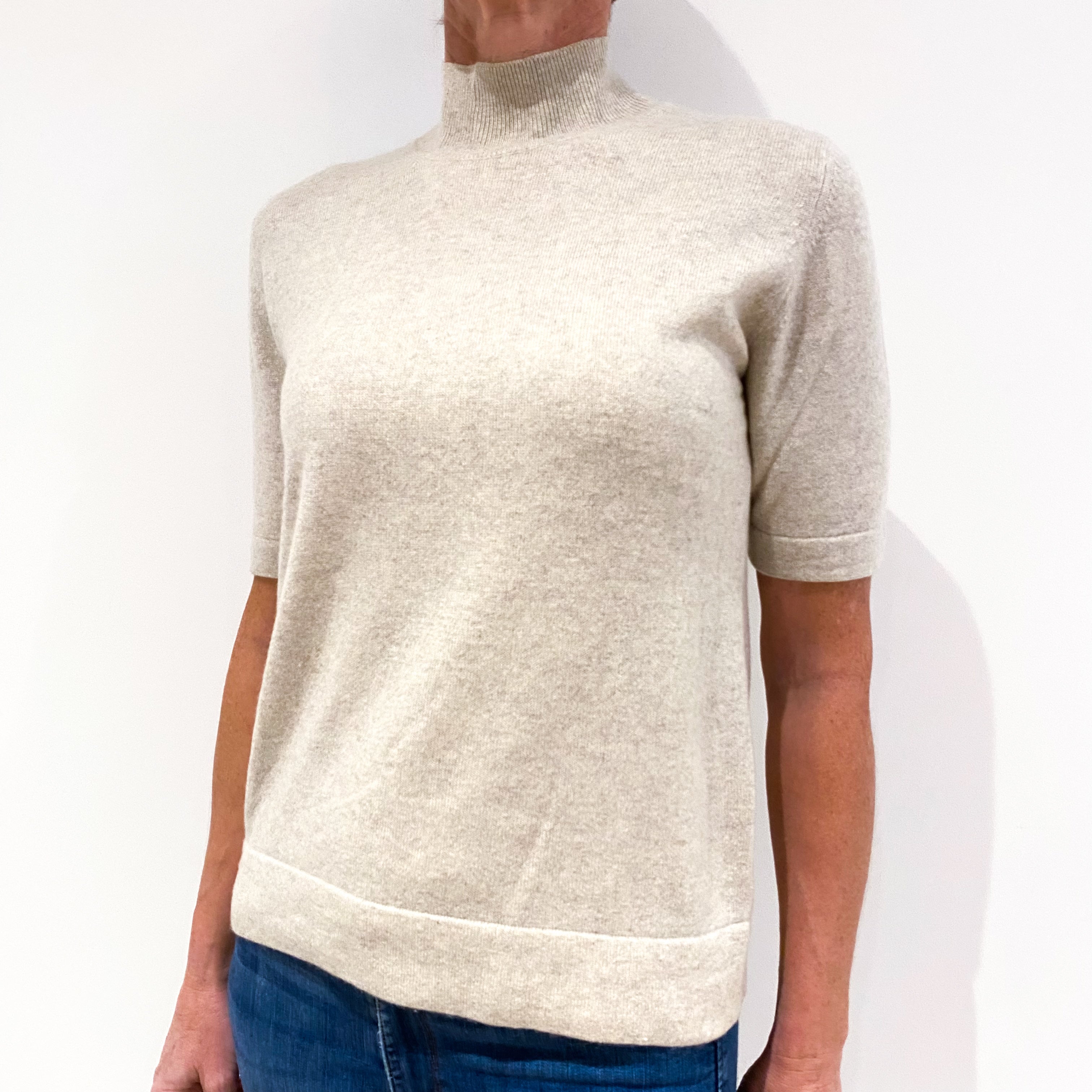 Oatmeal Beige Short Sleeved Cashmere Turtle Neck Jumper Small