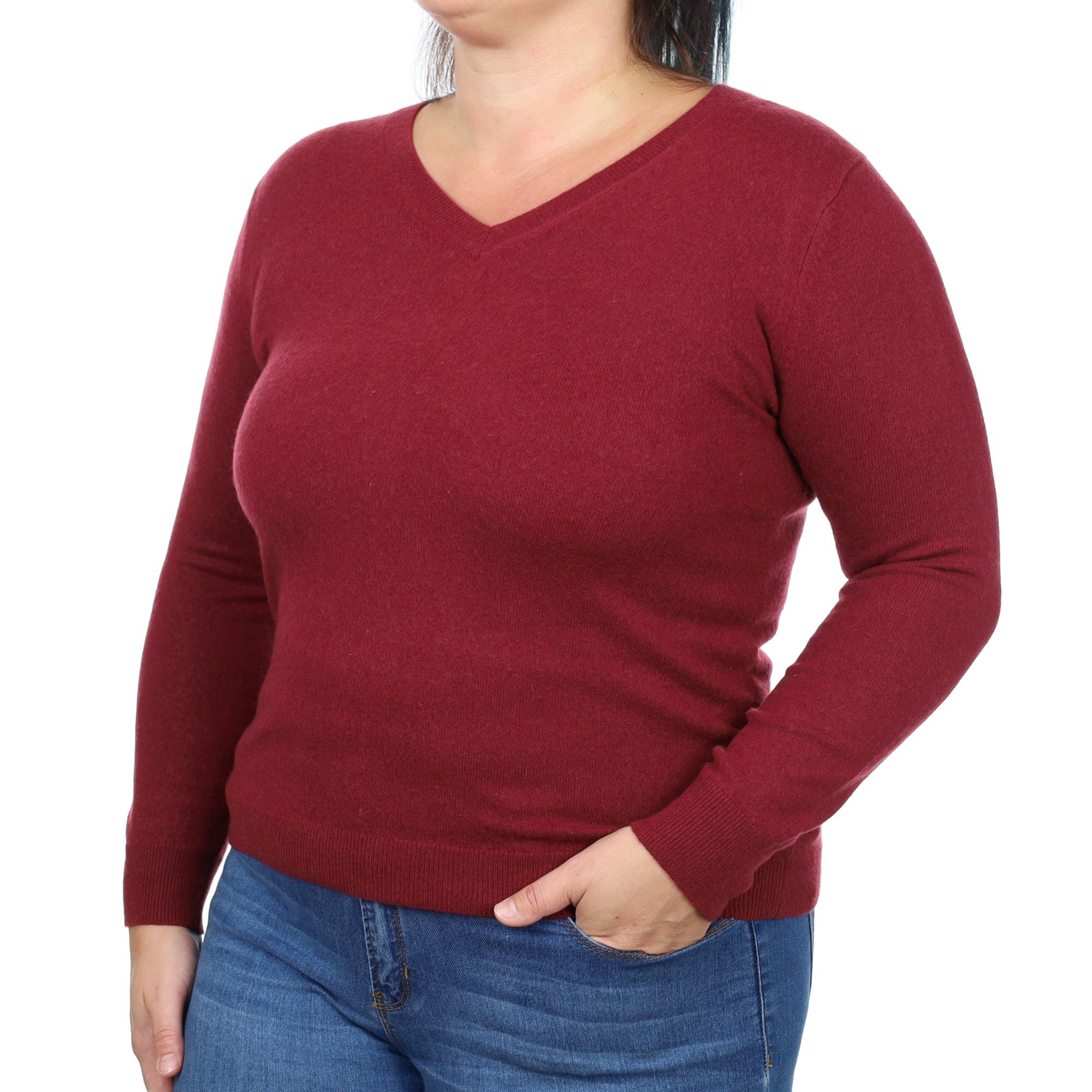 Burgundy Red Cashmere V Neck Jumper Large