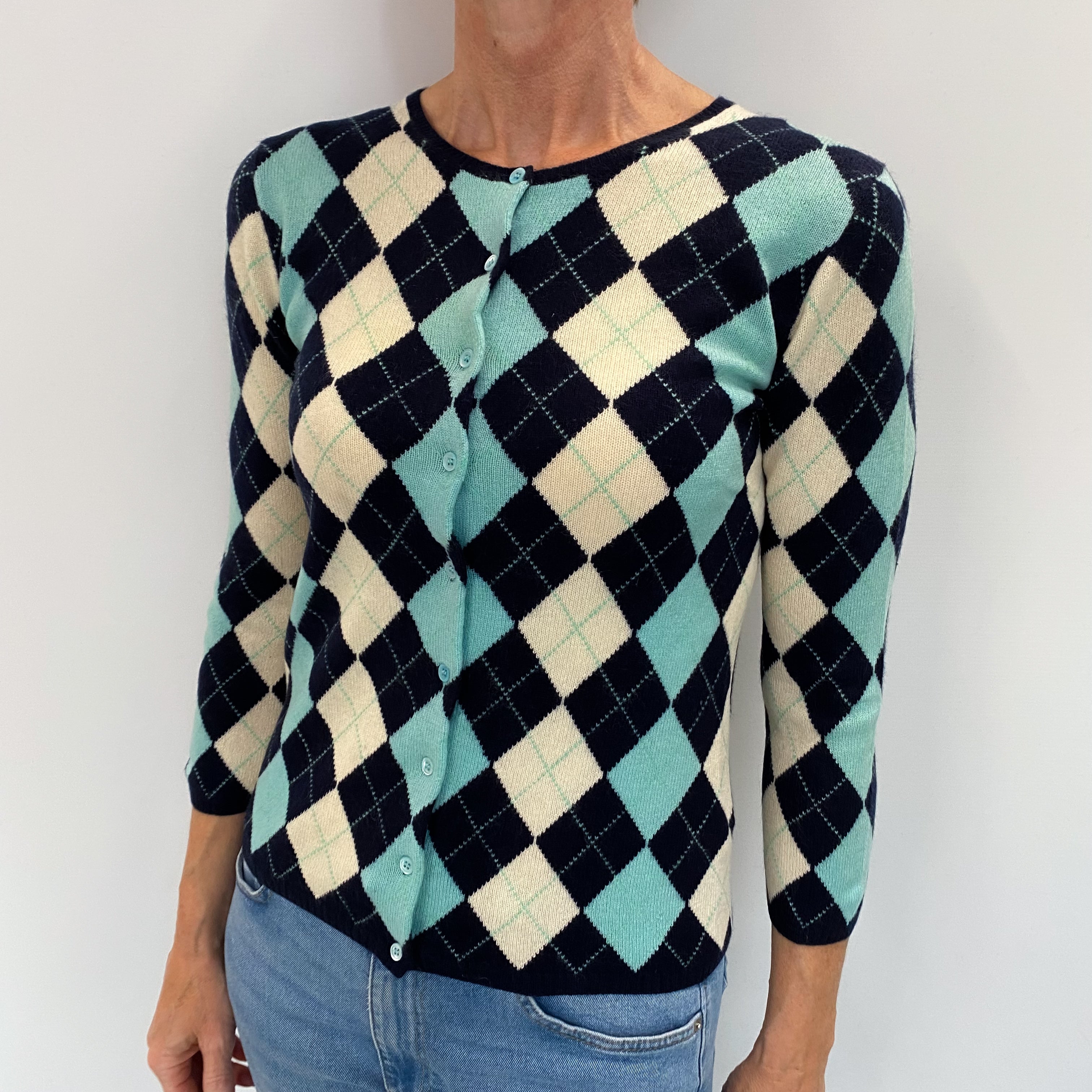 Navy Blue Argyle Cashmere Crew Neck Cardigan Small