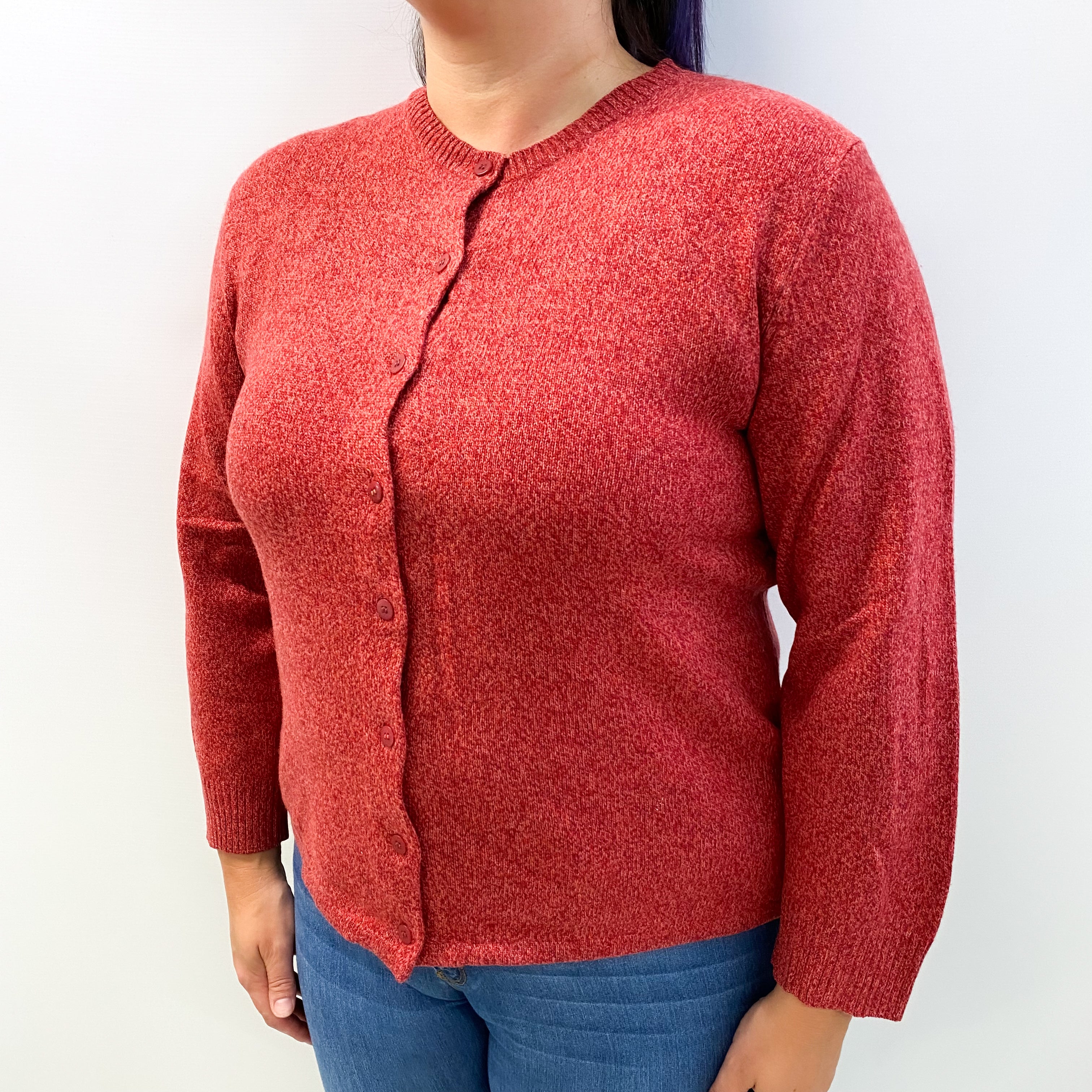 Raspberry Red Marl Cashmere Crew Neck Cardigan Large
