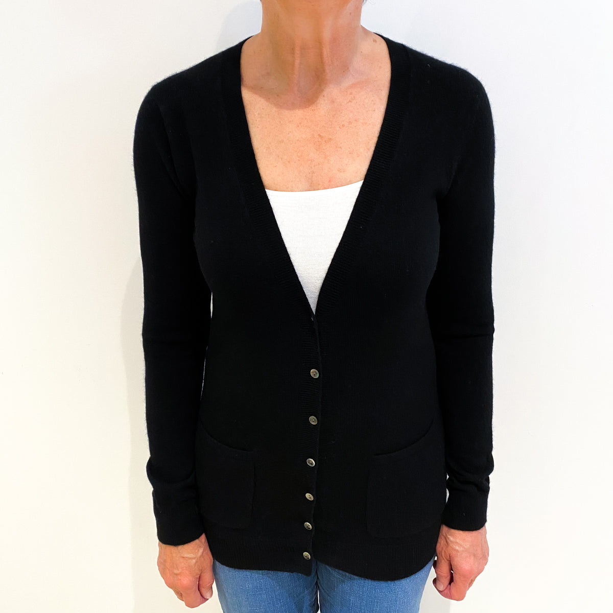 Black Cashmere V Neck Cardigan Medium