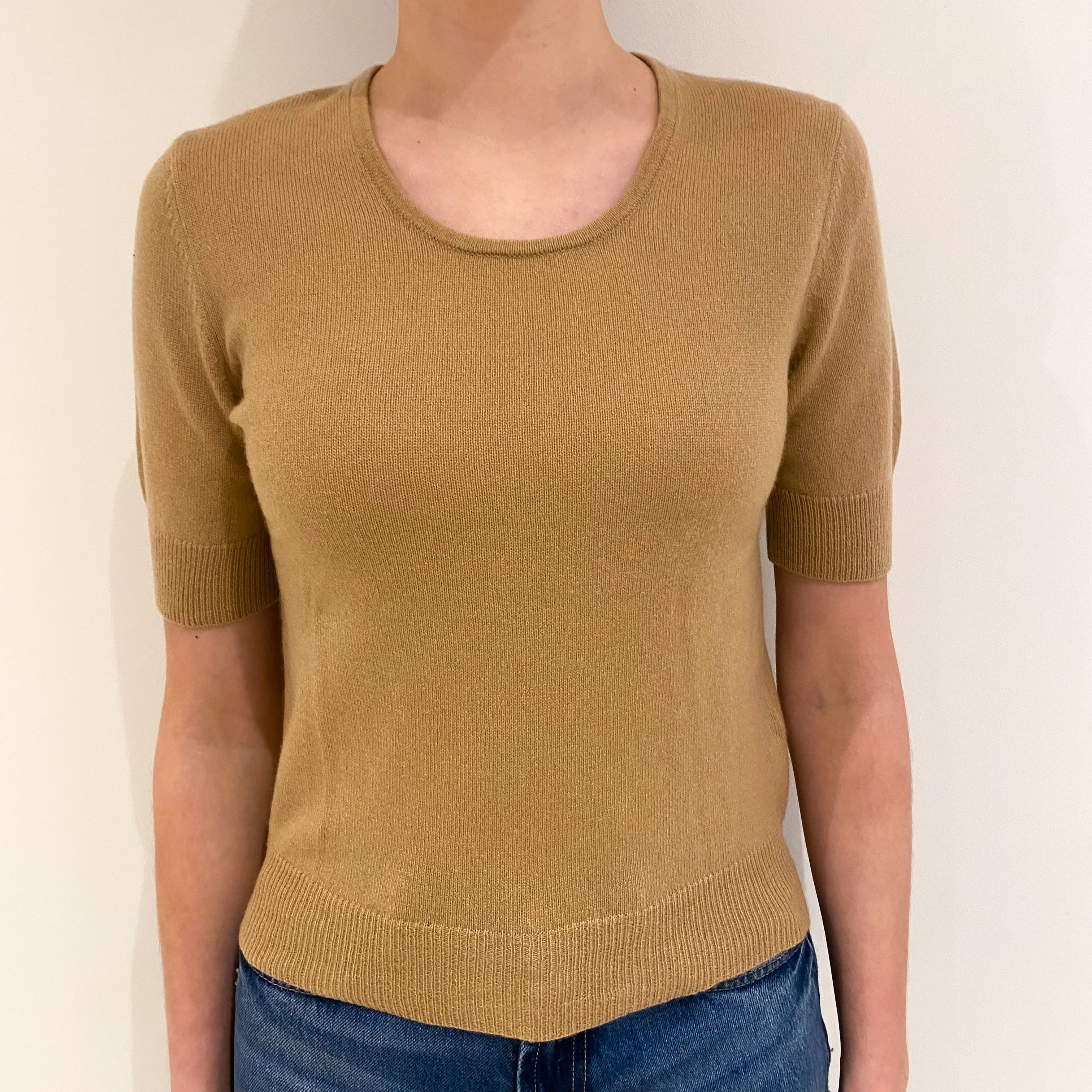 Caramel Brown Cashmere Short Sleeve Crew Neck Jumper Extra Small