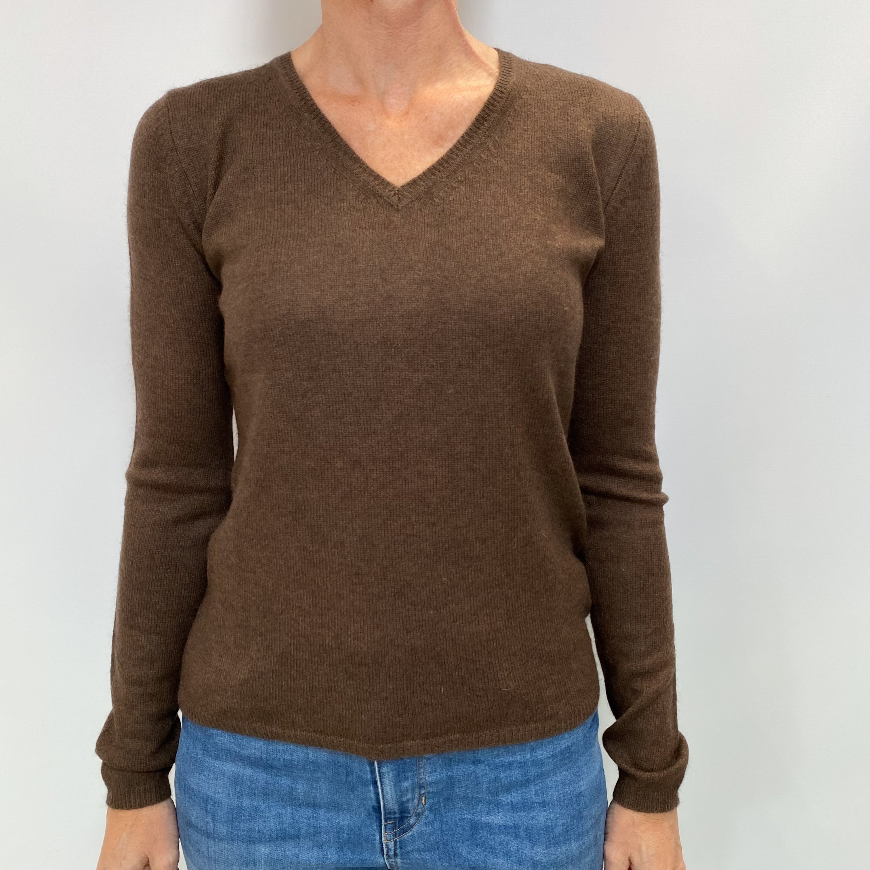 Chocolate Brown Cashmere V Neck Jumper Small
