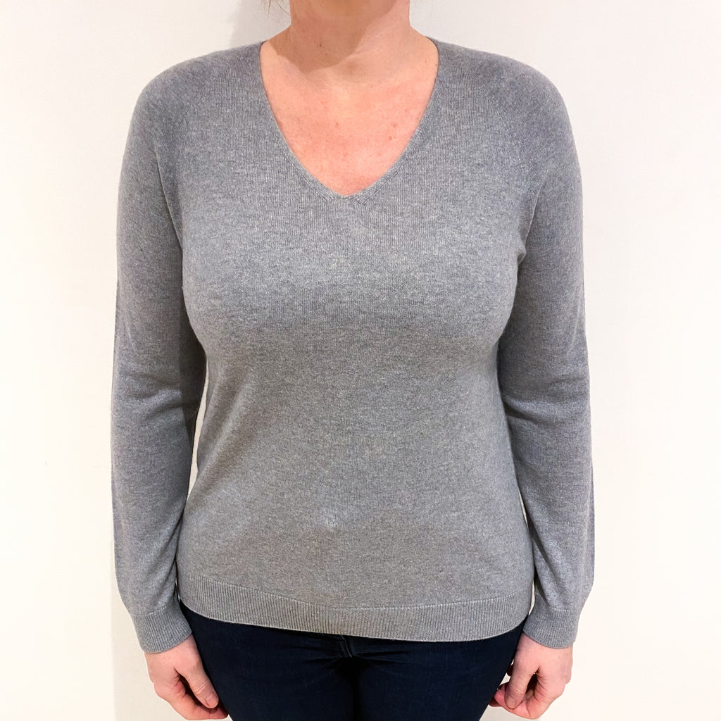Steel Grey Cashmere V Neck Jumper Large