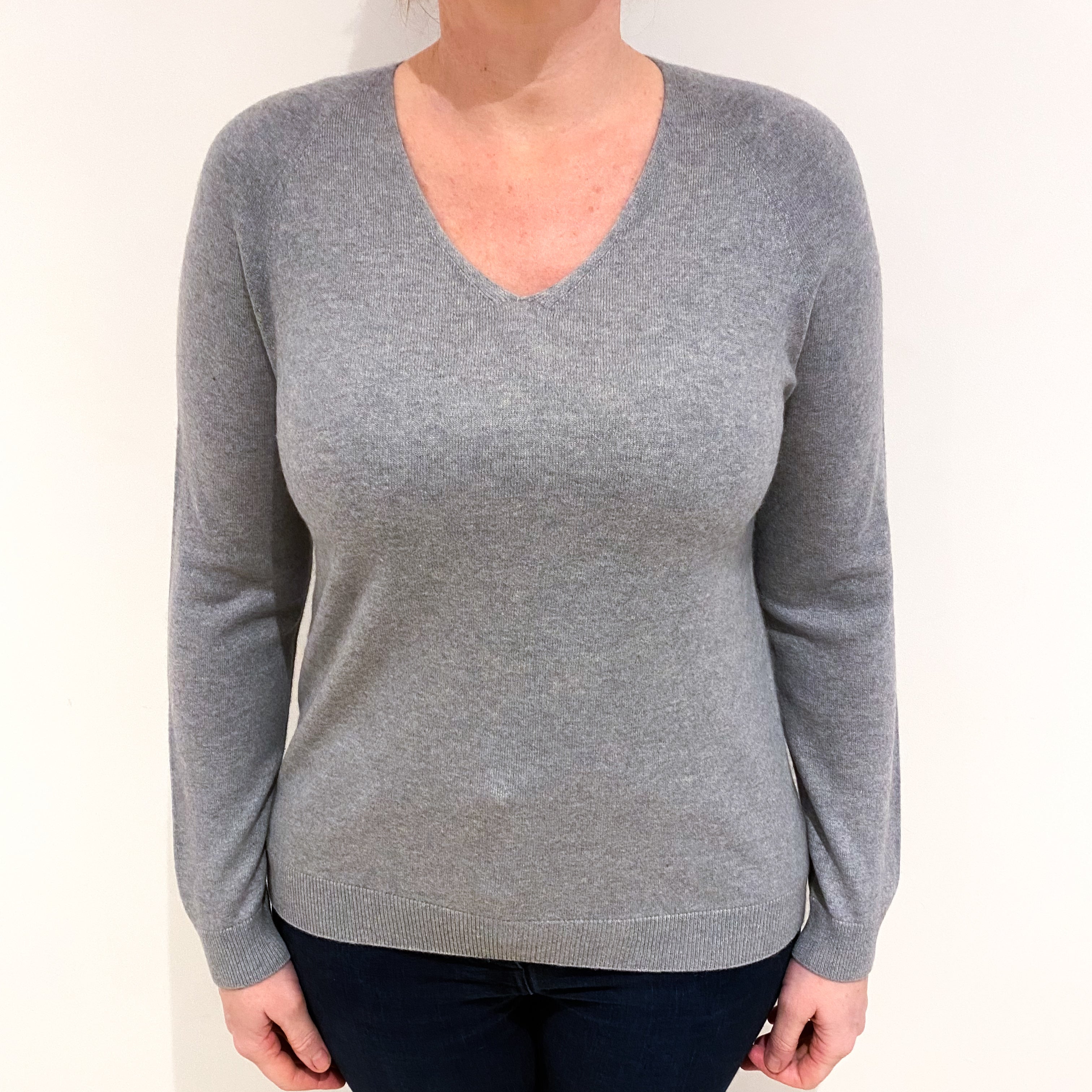 Steel Grey Cashmere V Neck Jumper Large