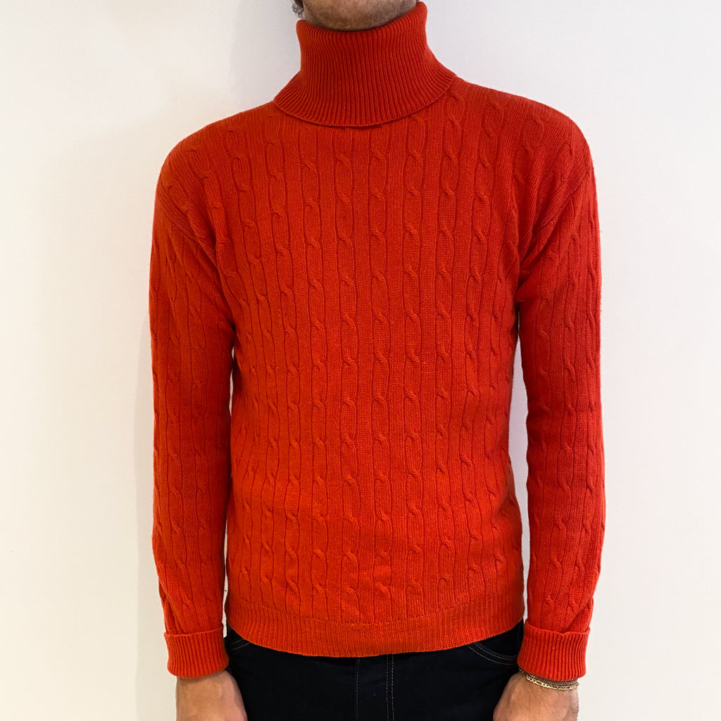 Men's Vintage Fiery Orange Cable Cashmere Polo Neck Jumper Medium