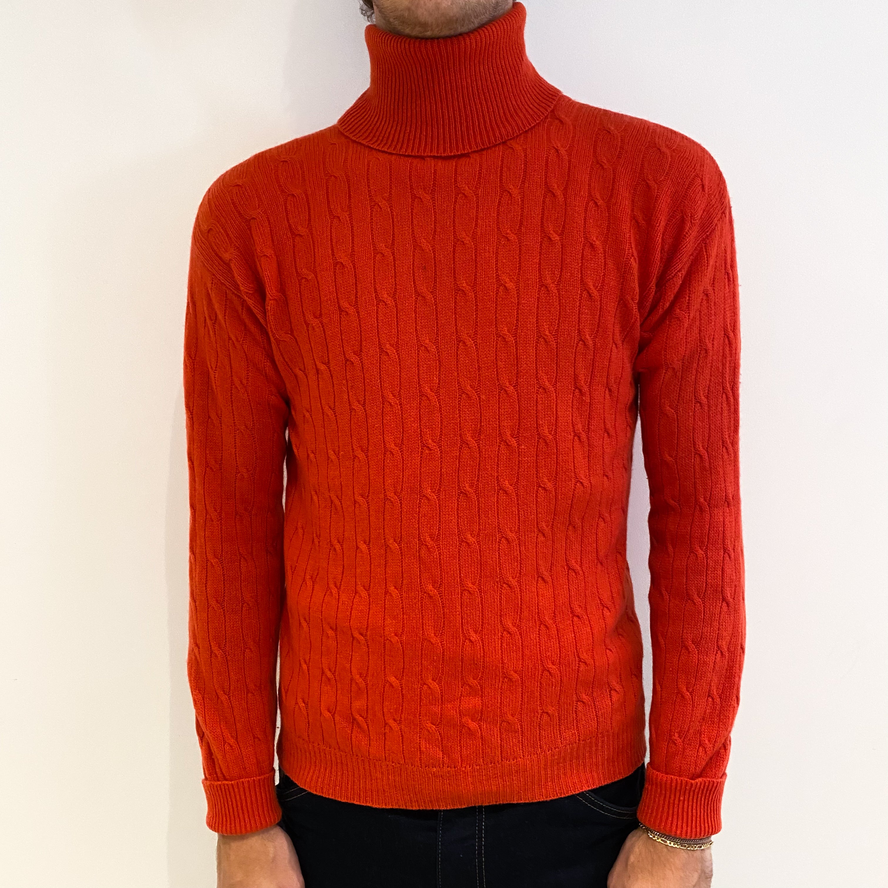 Men's Vintage Fiery Orange Cable Cashmere Polo Neck Jumper Medium