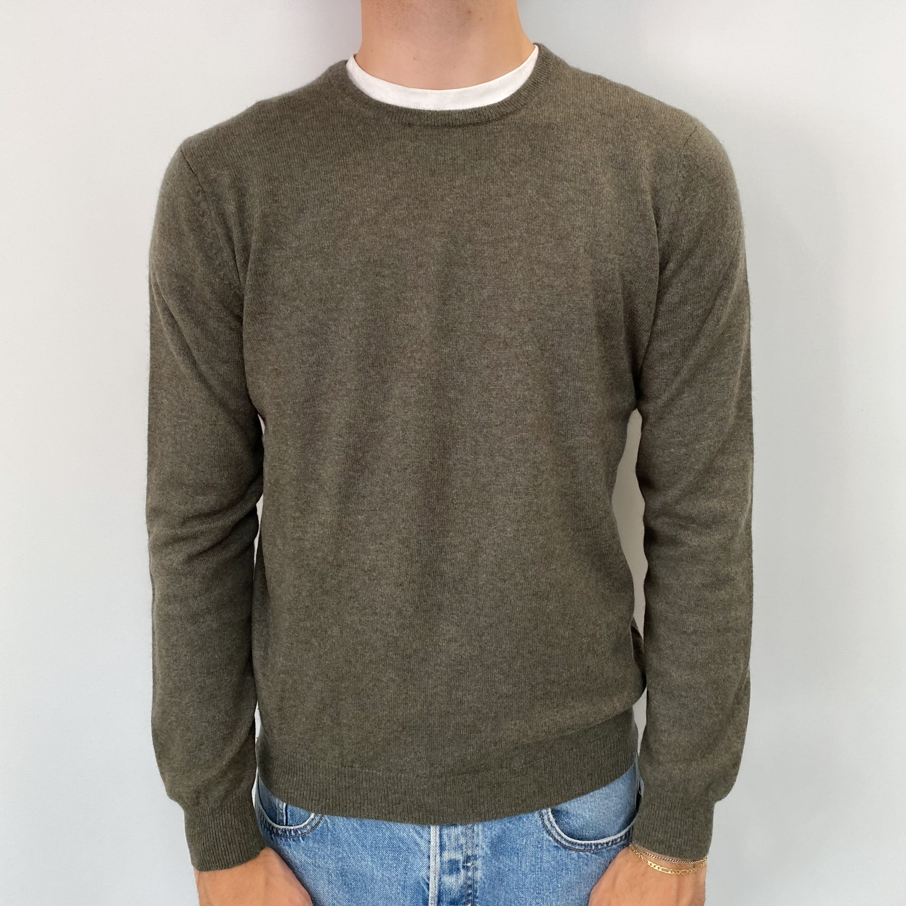 Men's Khaki Cashmere Crew Neck Jumper Medium