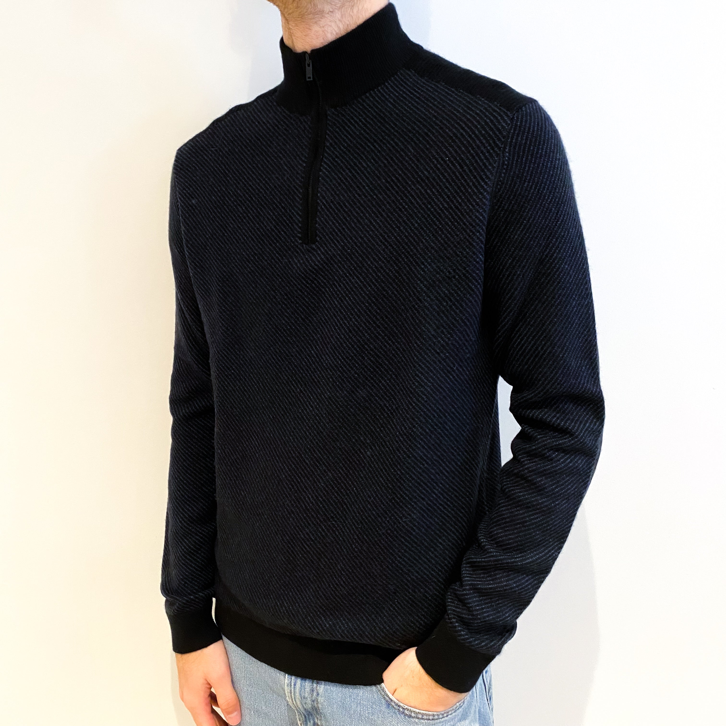 Men's Theory Black Patterned Cashmere 1/4 Zip Jumper Large