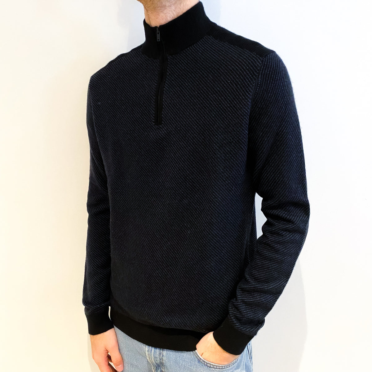 Men's Theory Black Patterned Cashmere 1/4 Zip Jumper Large