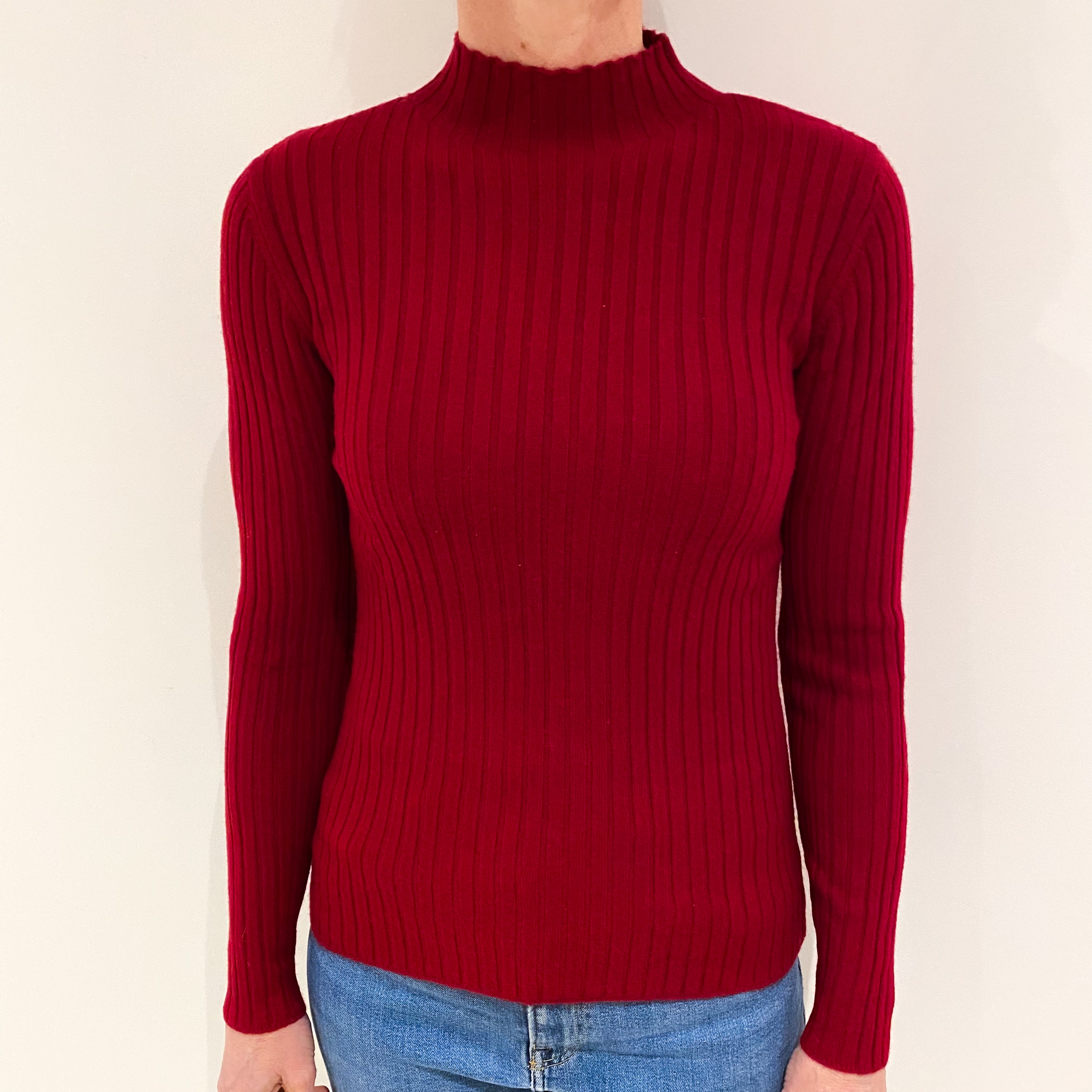 Crimson Red Skinny Rib Cashmere Turtle Neck Jumper Small