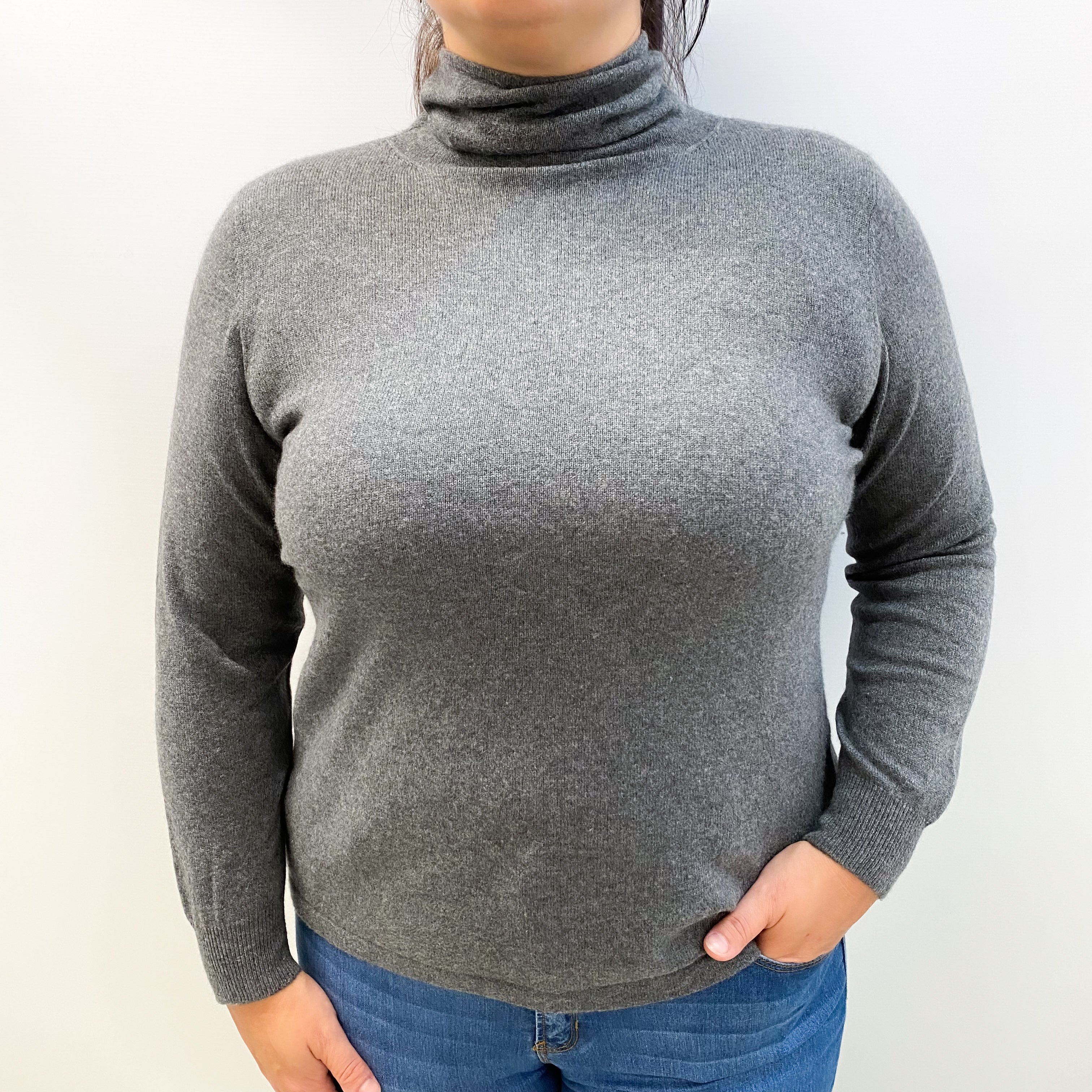 Slate Grey Cashmere Polo Neck Jumper Large