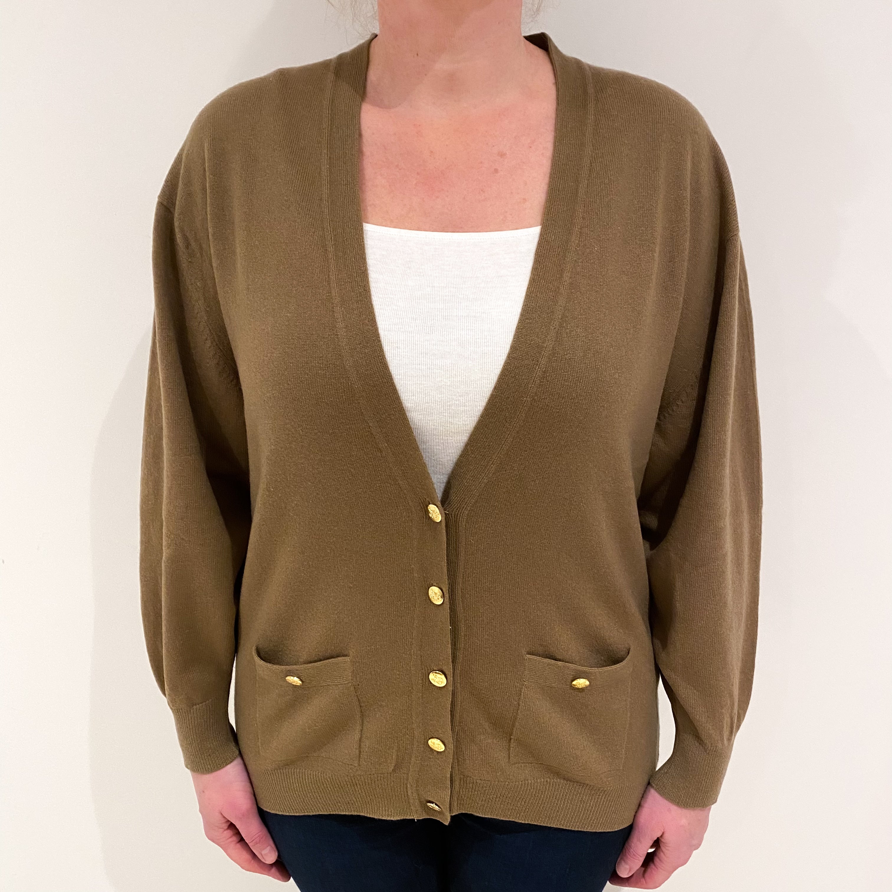 Dark Camel Brown Cashmere V Neck Cardigan with Pockets Large