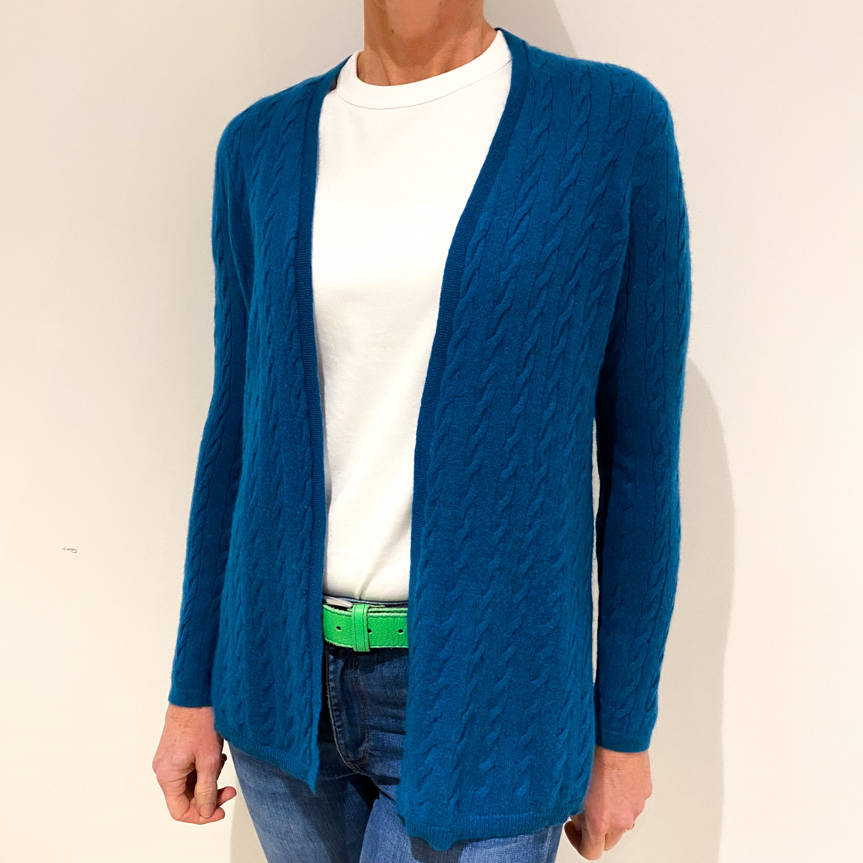 Teal Blue Cable Knit Cashmere Edge To Edge Cardigan Small