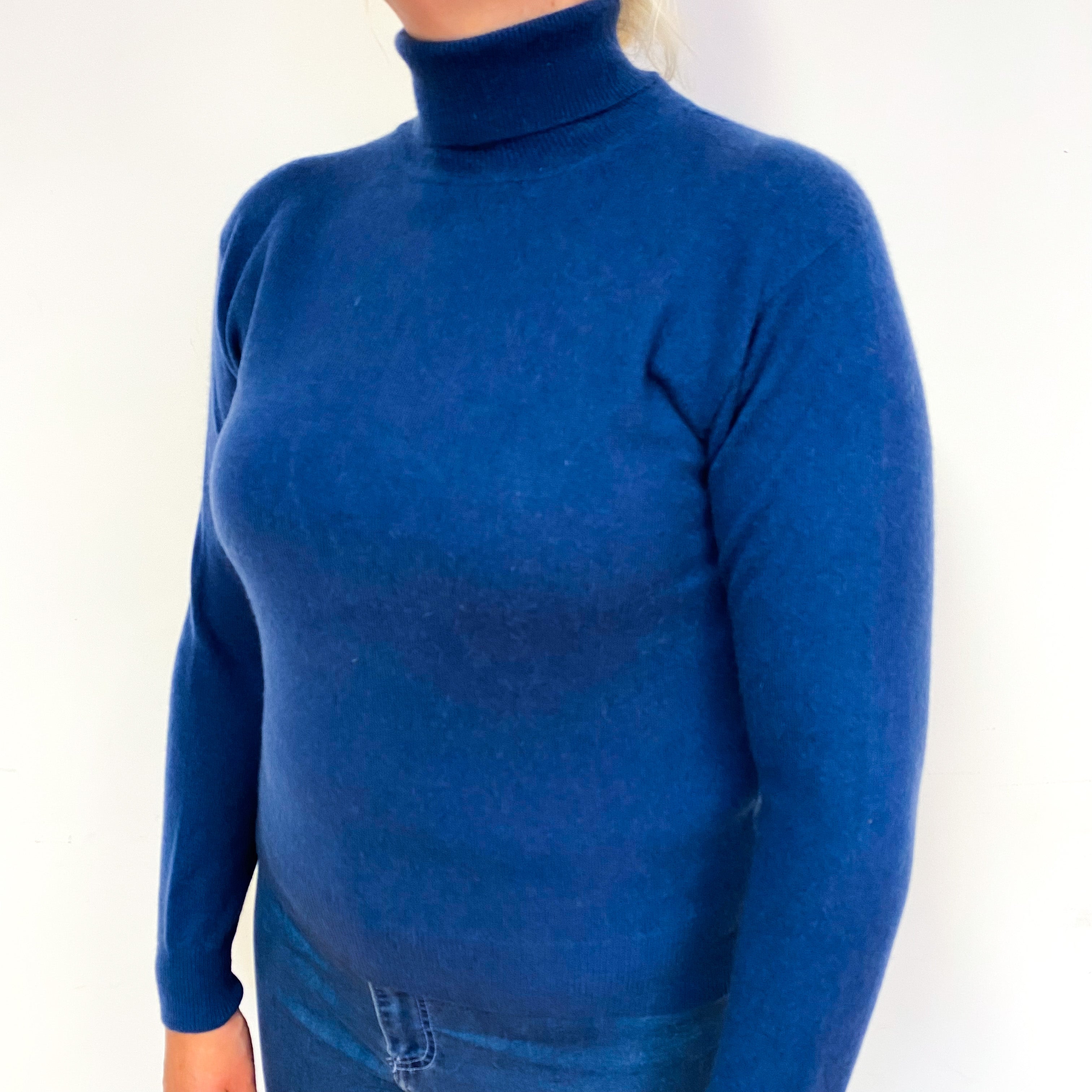 Sea Blue Cashmere Polo Neck Jumper Large