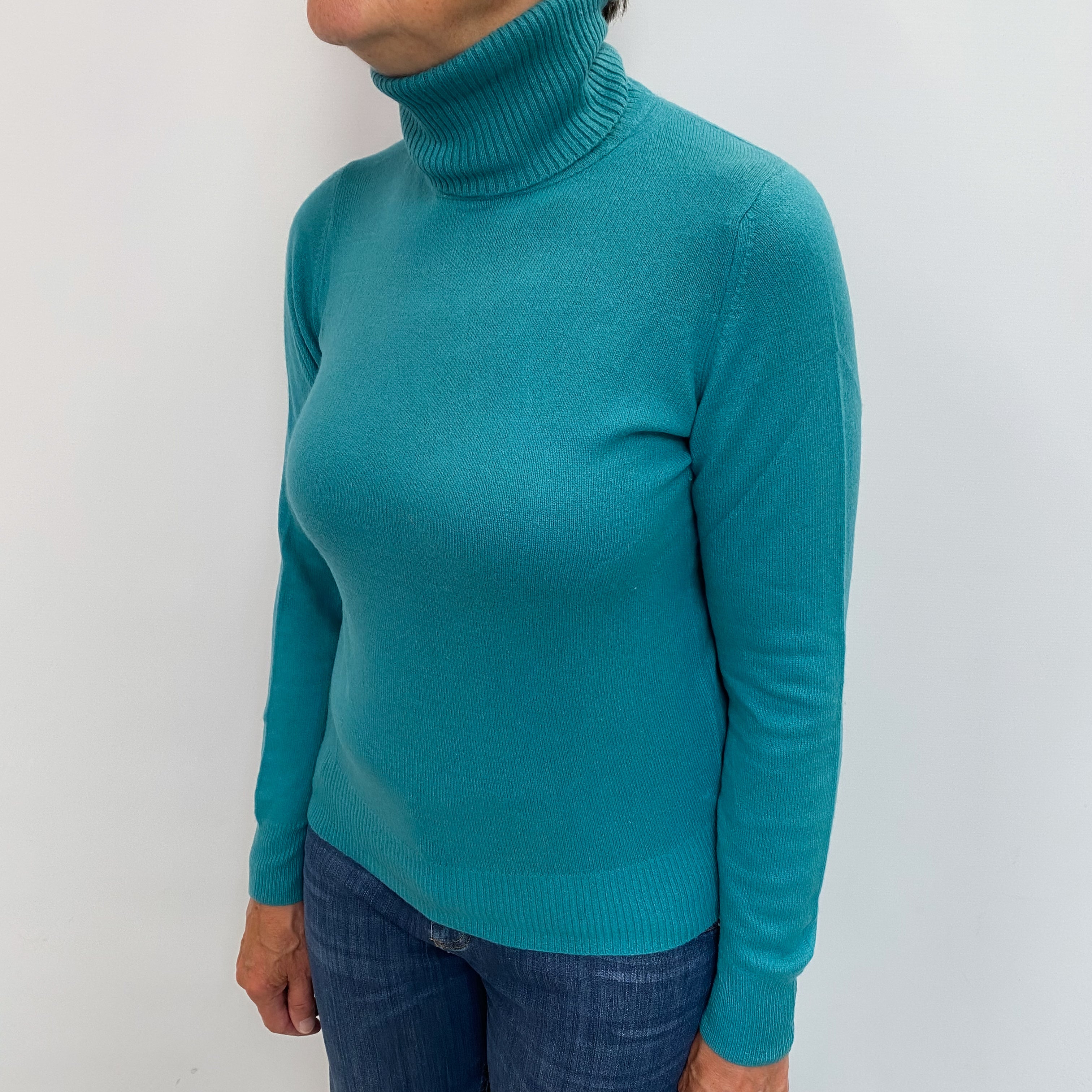 Cyan Blue Cashmere Polo Neck Jumper Medium