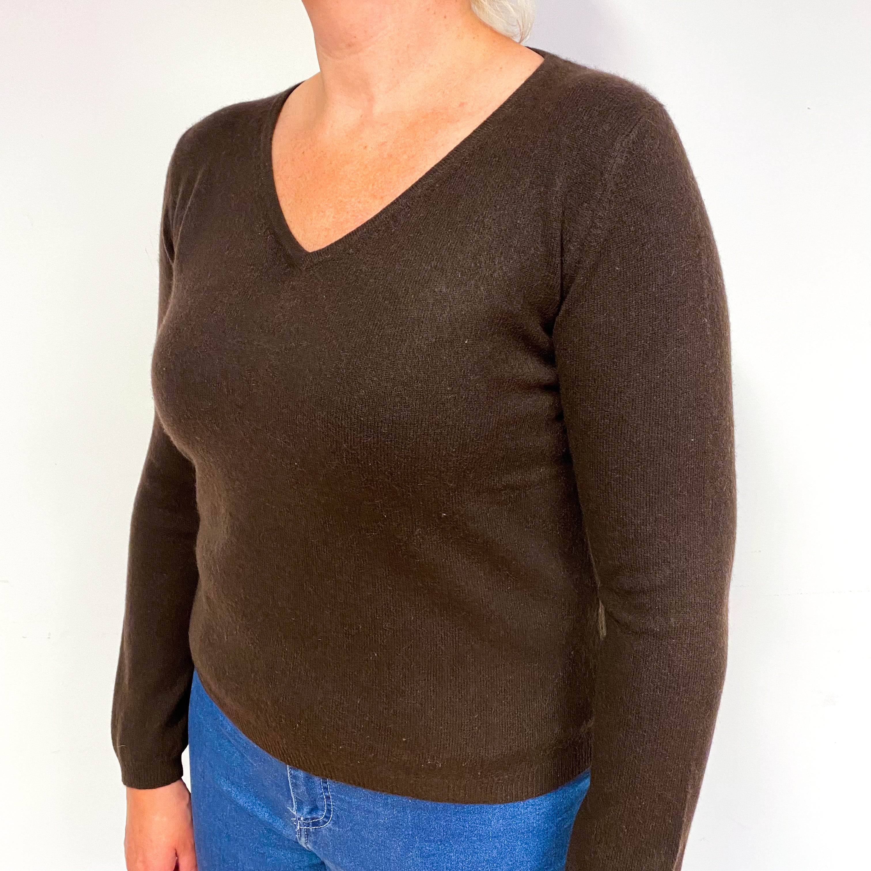 Chocolate Brown Cashmere V-Neck Jumper Large