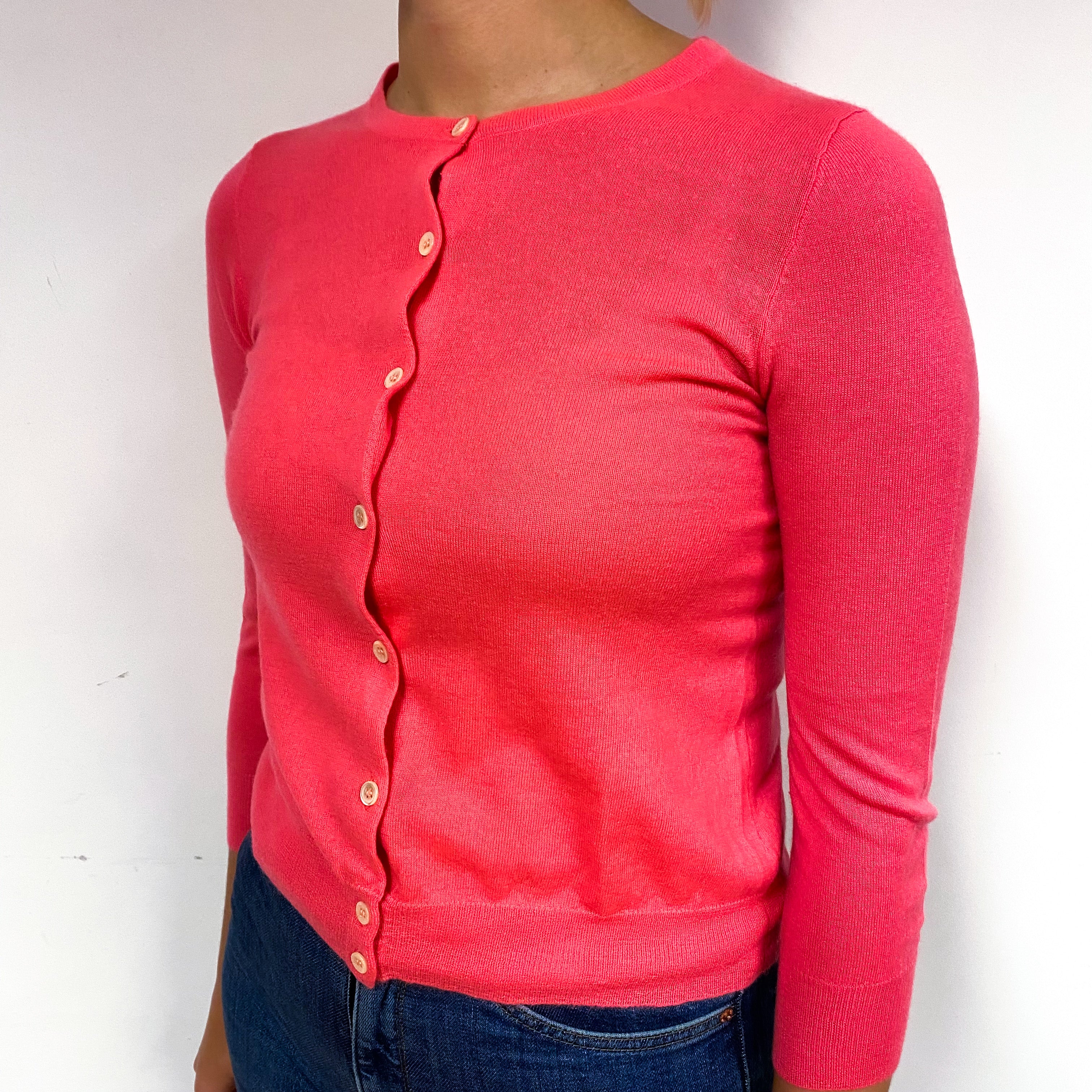 Neon Coral Pink Cashmere Fine Knit Cardigan Small