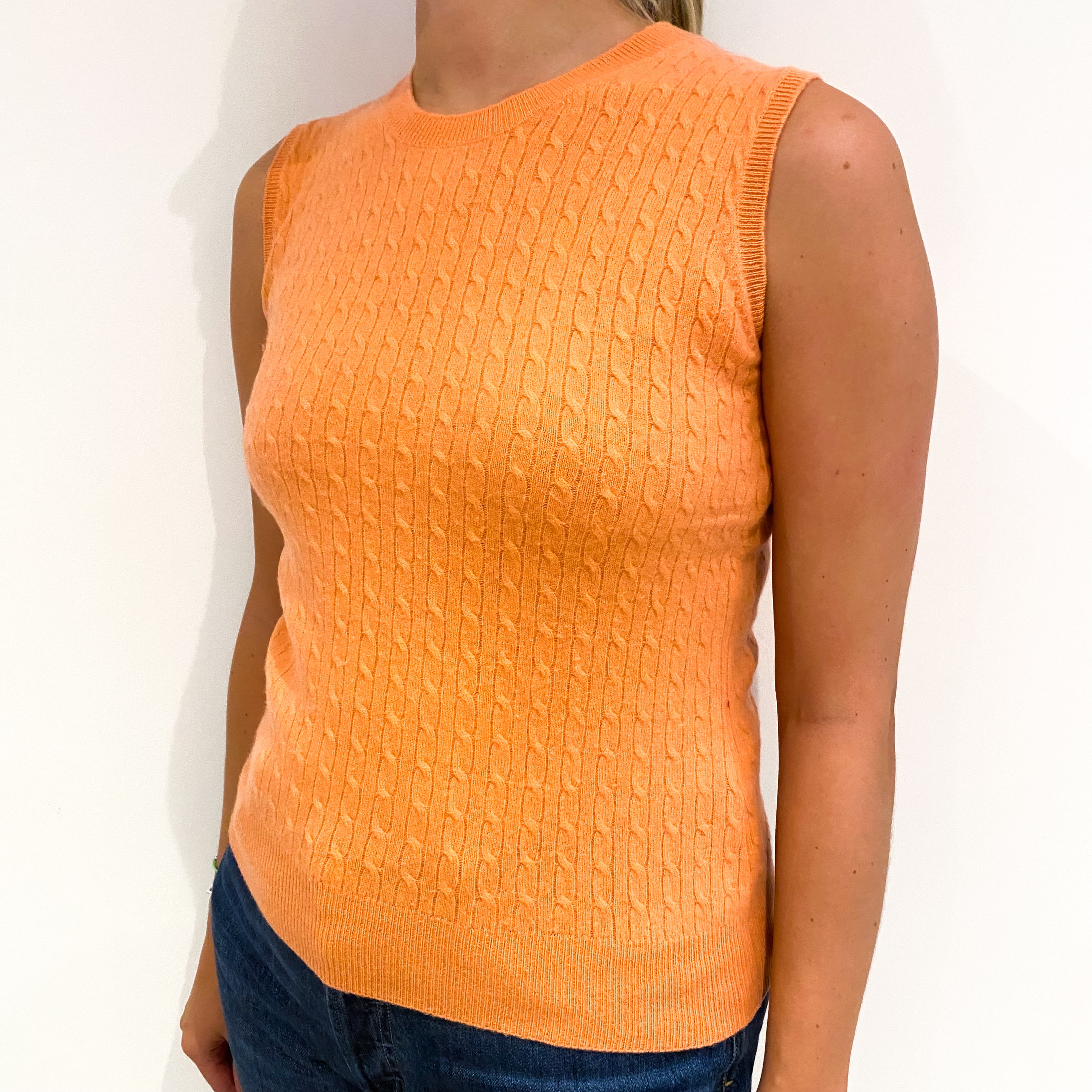 Coral Orange Cable Knit Cashmere Tank Top Small