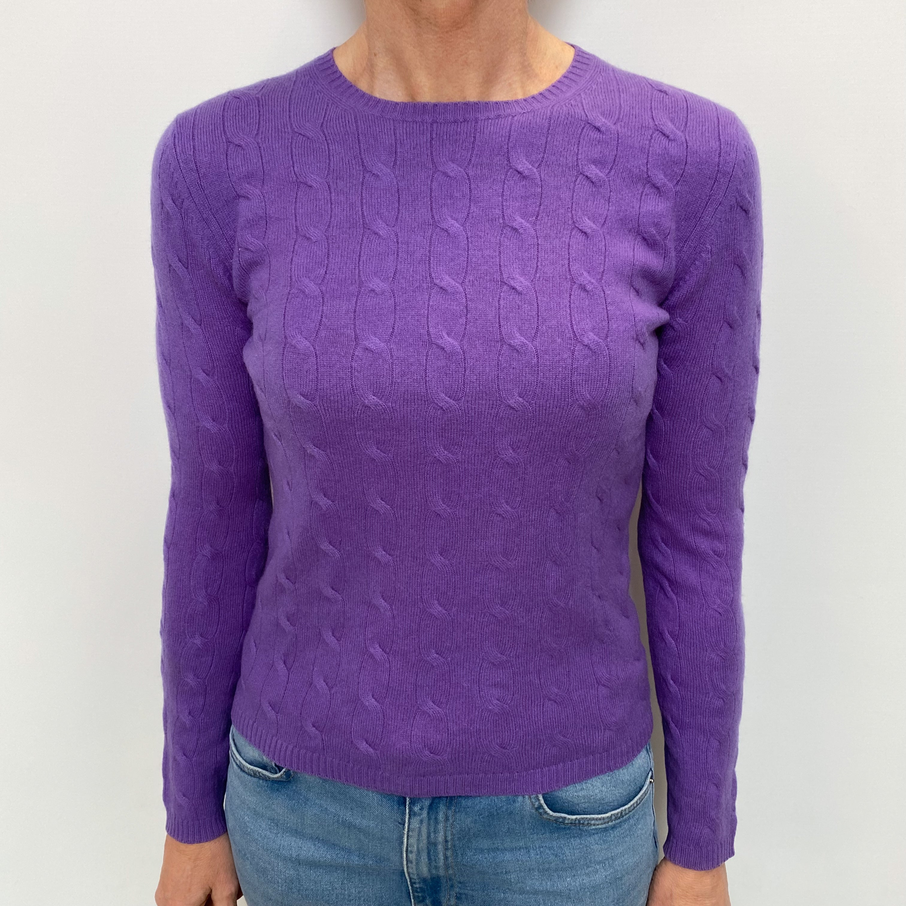 Periwinkle Purple Cable Cashmere Crew Neck Jumper Small