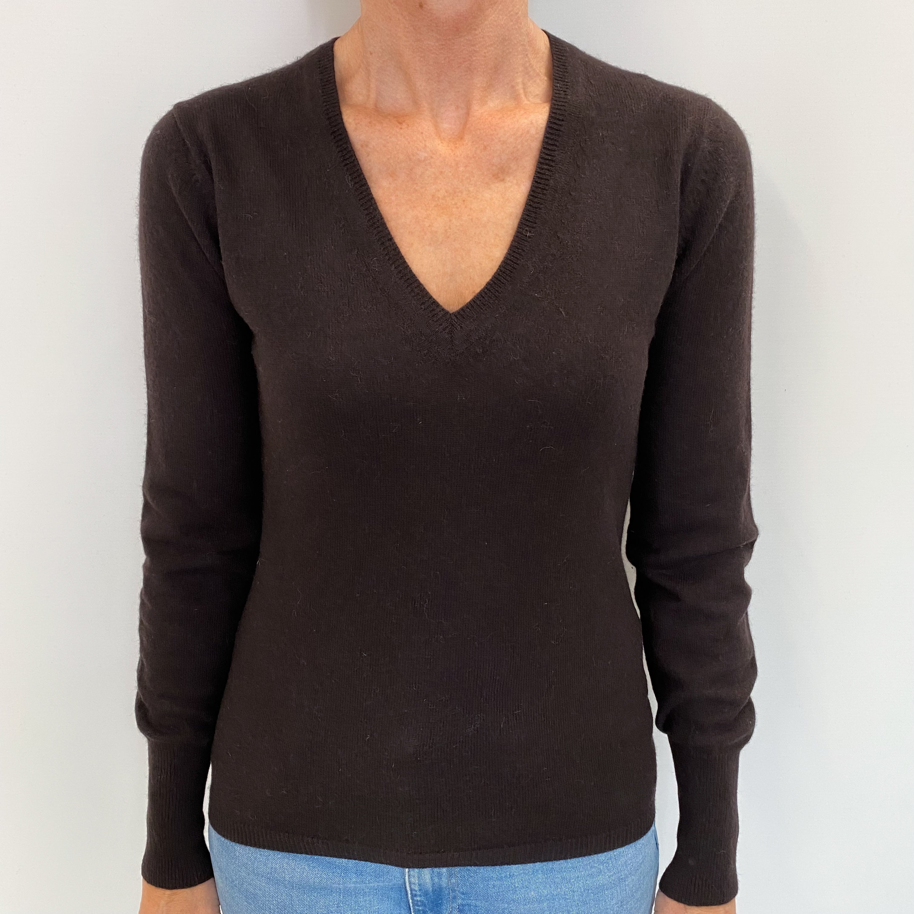 Dark Chocolate Brown Cashmere V Neck Jumper Small