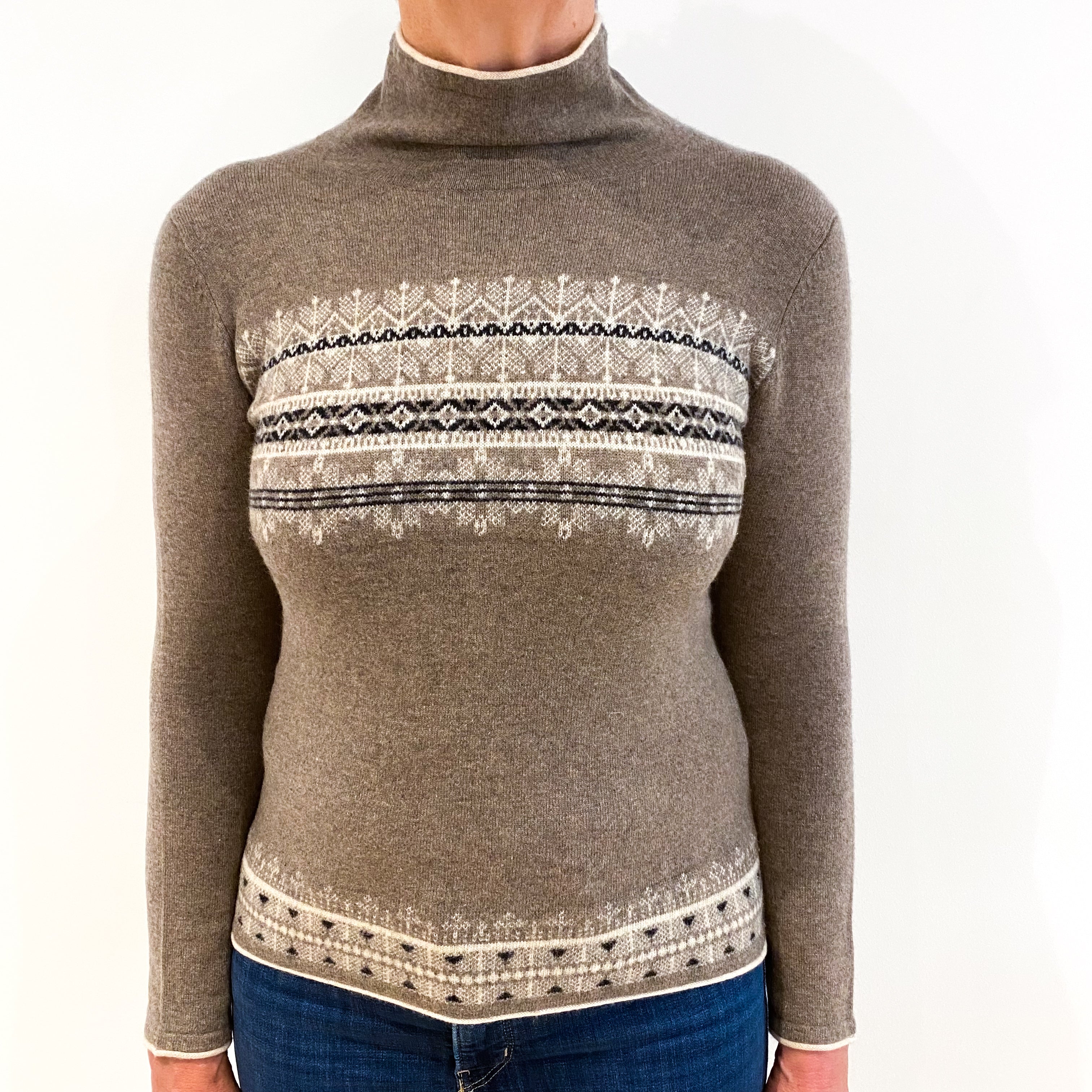 Taupe Brown Cashmere Polo Neck Jumper Medium