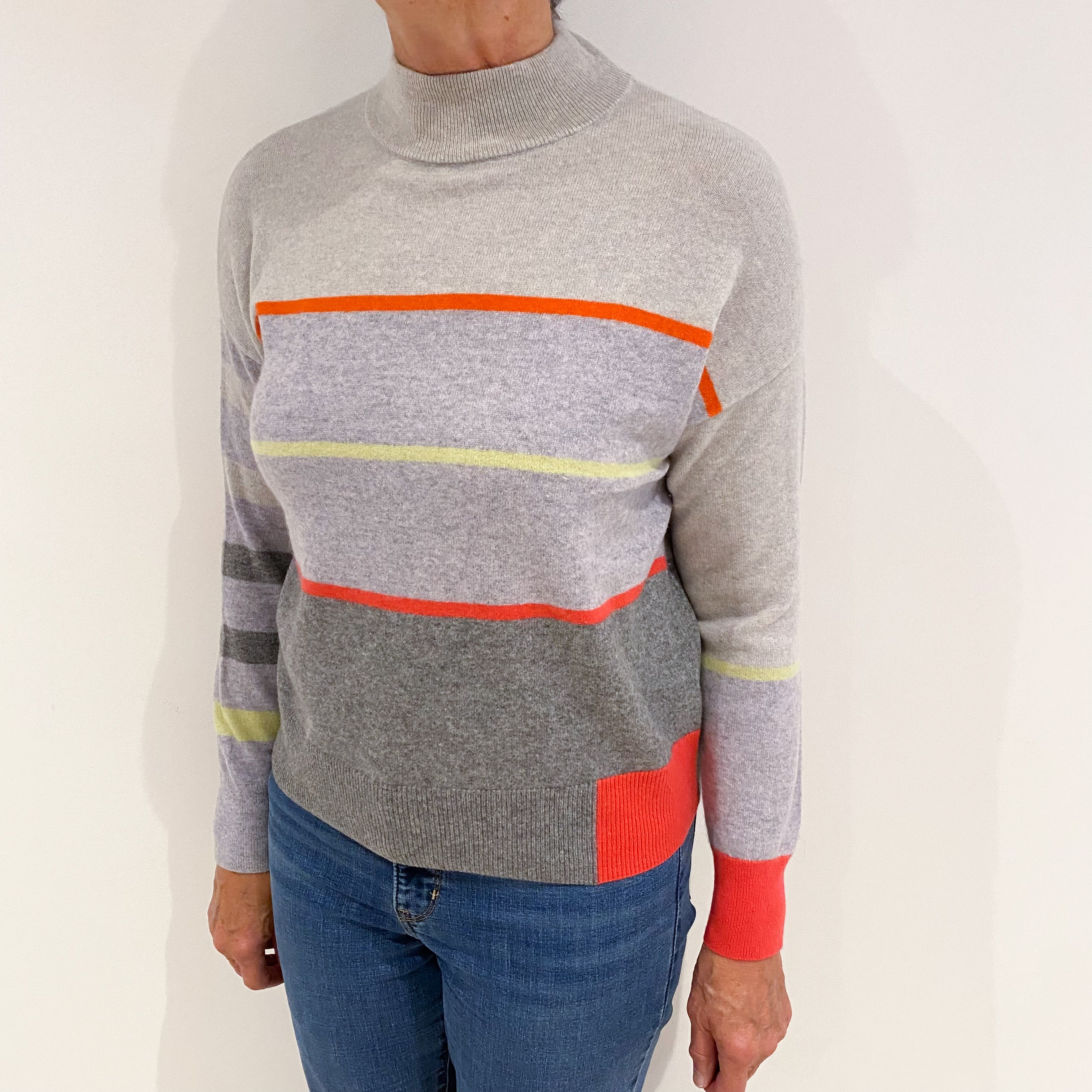 Grey and Orange Striped Cashmere Turtle Neck Jumper Medium